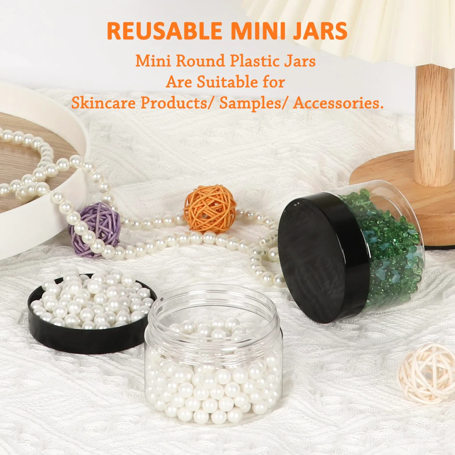 Jaisie.W Tarros de plástico transparentes de 4 onzas con tapas y etiquetas, recipientes pequeños recargables para cosméticos con tapa de rosca negra/recipientes de limo (4 onzas líquidas, 48 unidades)