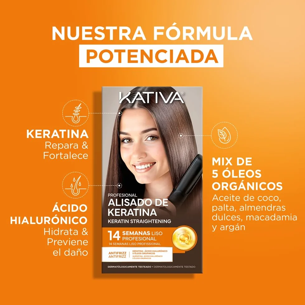 Kativa Kit Alisado Brasileño Tratamiento Profesional con Keratina Hidrolizada Ácido Hialurónico 5 Óleos Orgánicos 14 semanas