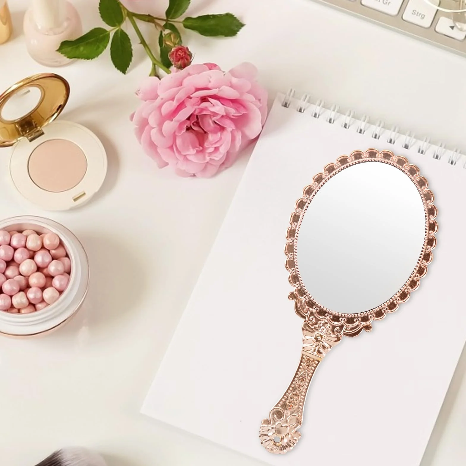 Espejo de Bolsillo Vintage, Espejo de Mano, Espejo de Maquillaje (Oro Rosa)