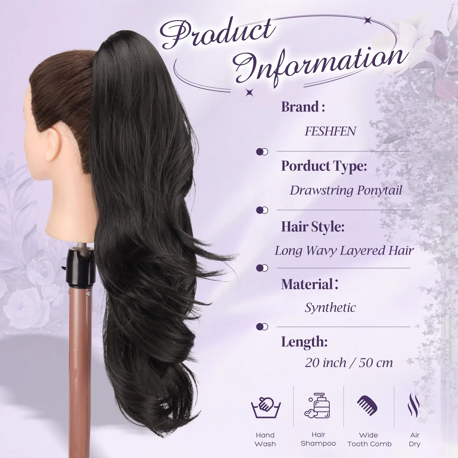 FESHFEN Extensión de cola de caballo con cordón, Natural Ondulado Rizado Sintético Negro, 50 cm