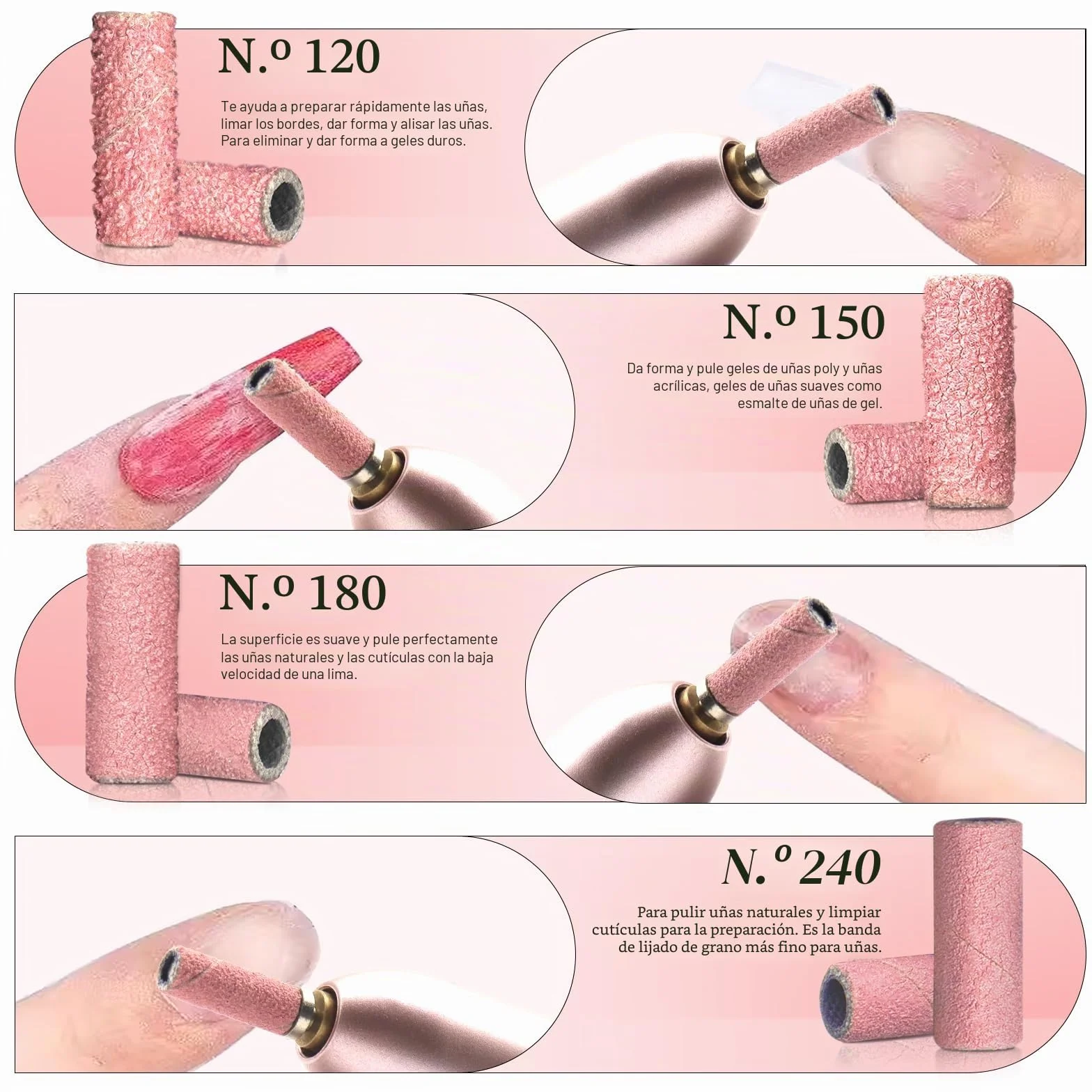 Mini bandas de lijado grano 180 para taladro de uñas 3/32 pulgadas 2 brocas mandriles mejorados