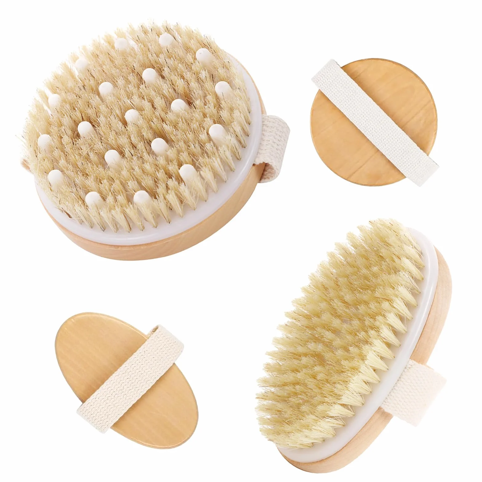 Set de 2 cepillos secos para el cuerpo + cepillo húmedo con cerdas naturales para ducha y masaje