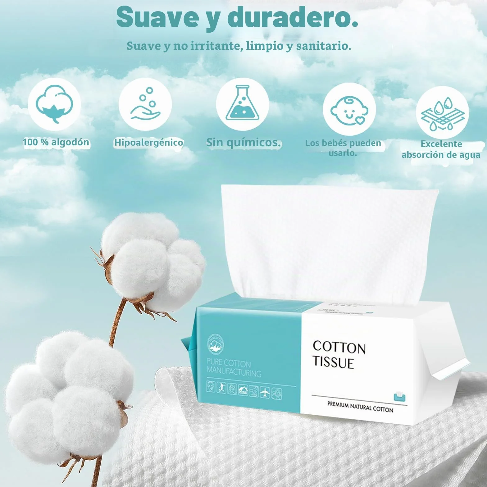 Toallas Desechables Algodon 100 Unidades Biodegradables para Cuidado Piel y Maquillaje