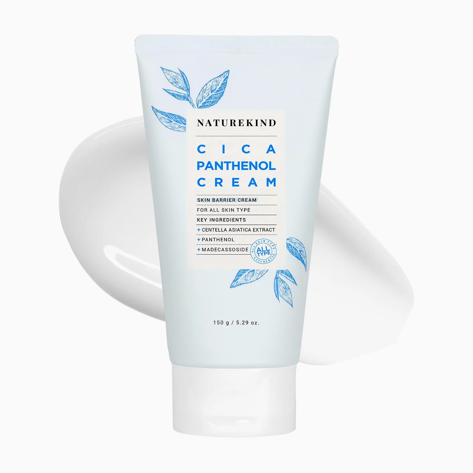 NATUREKIND Cica Panthenol Cream, 50,000 ppm Pantenol, Centella Asiática y Ácido Hialurónico, Hidratante Reparador Barrera para Piel Seca y Sensible, Cuidado de la Piel Coreano, 150 g