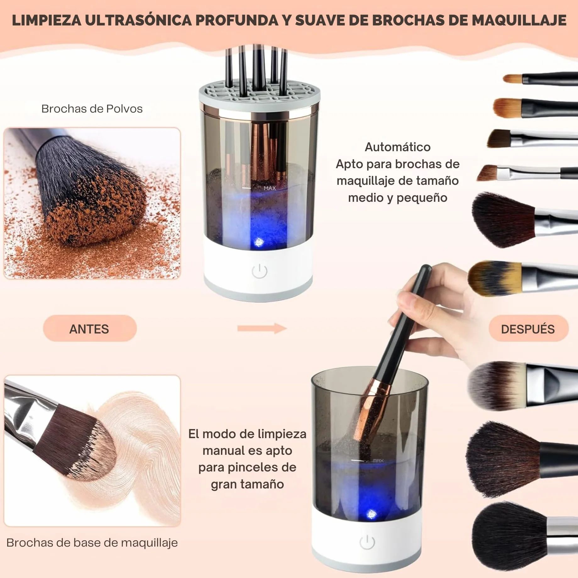 Limpiador Eléctrico de Brochas de Maquillaje, Limpieza Profunda, Portátil, Automático