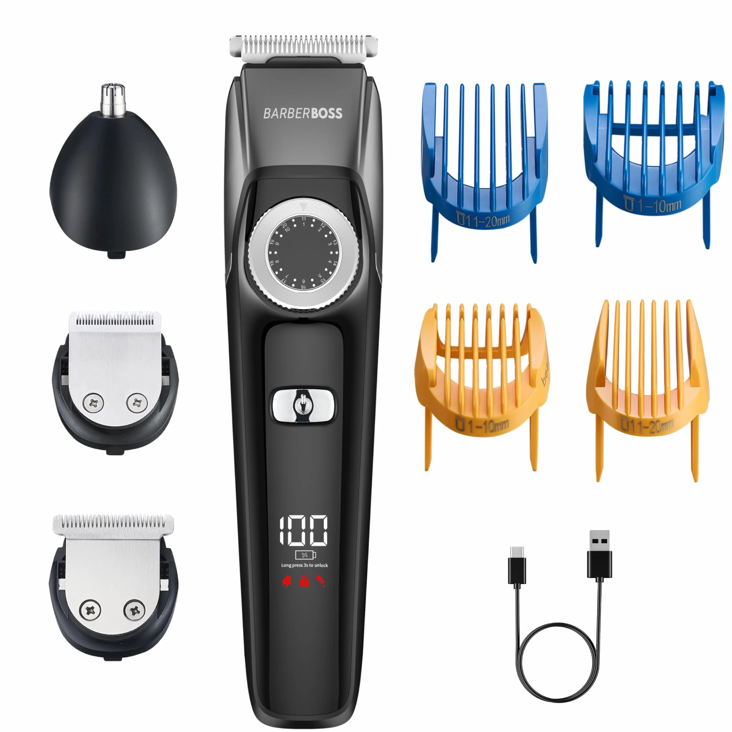Barberboss Recortadora de barba y cabello 3 en 1 inalámbrico con cuchillas de cerámica, resistente al agua