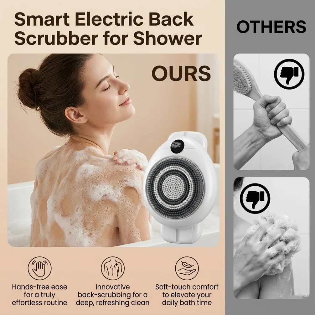 Limpiador eléctrico de espalda para ducha, cepillo exfoliante montado en la pared, limpiador corporal automático manos libres para duchas domésticas, limpia profundamente la espalda, 3