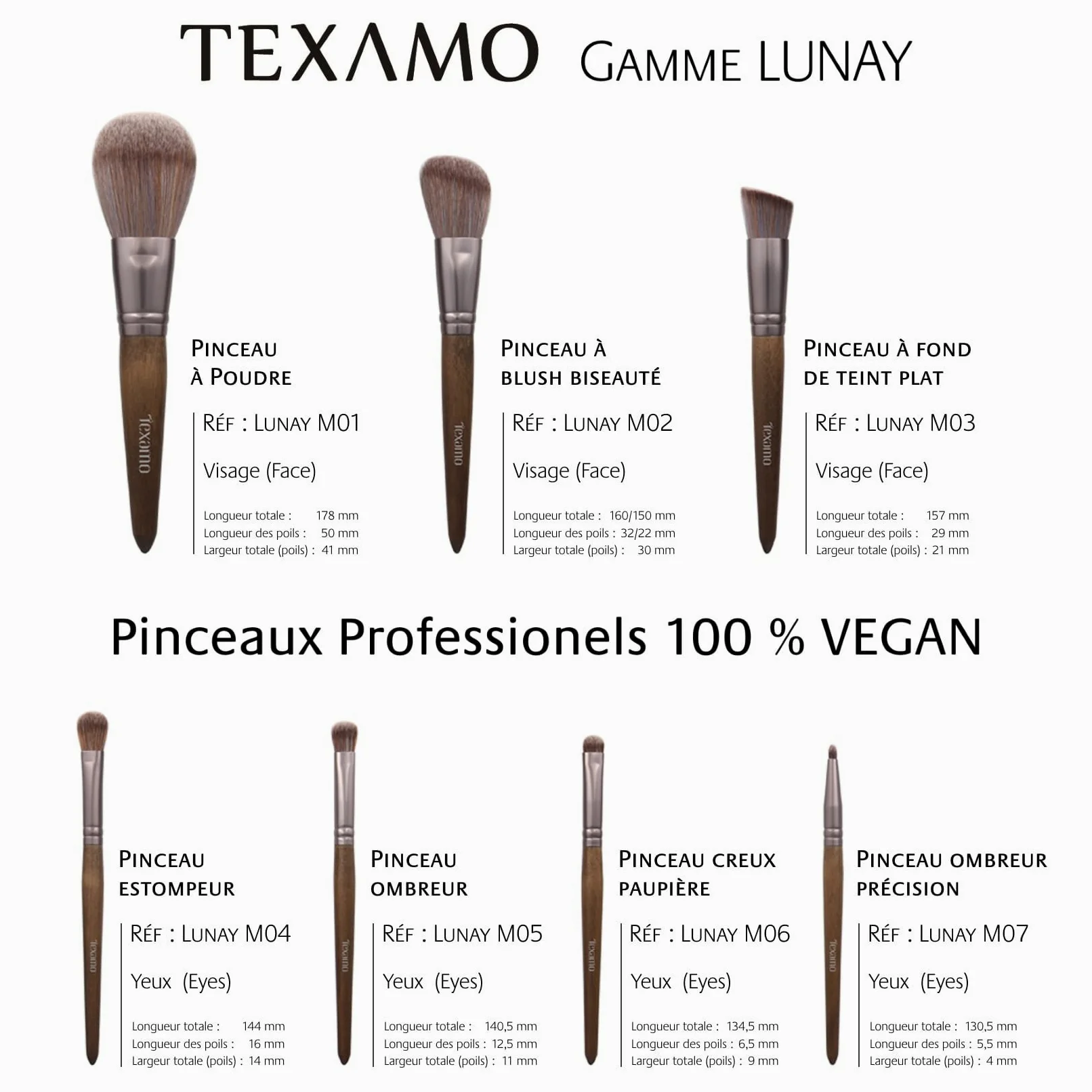 Estuche de 7 brochas de maquillaje Texamo Lunay con cerdas MCF, uso profesional Végan