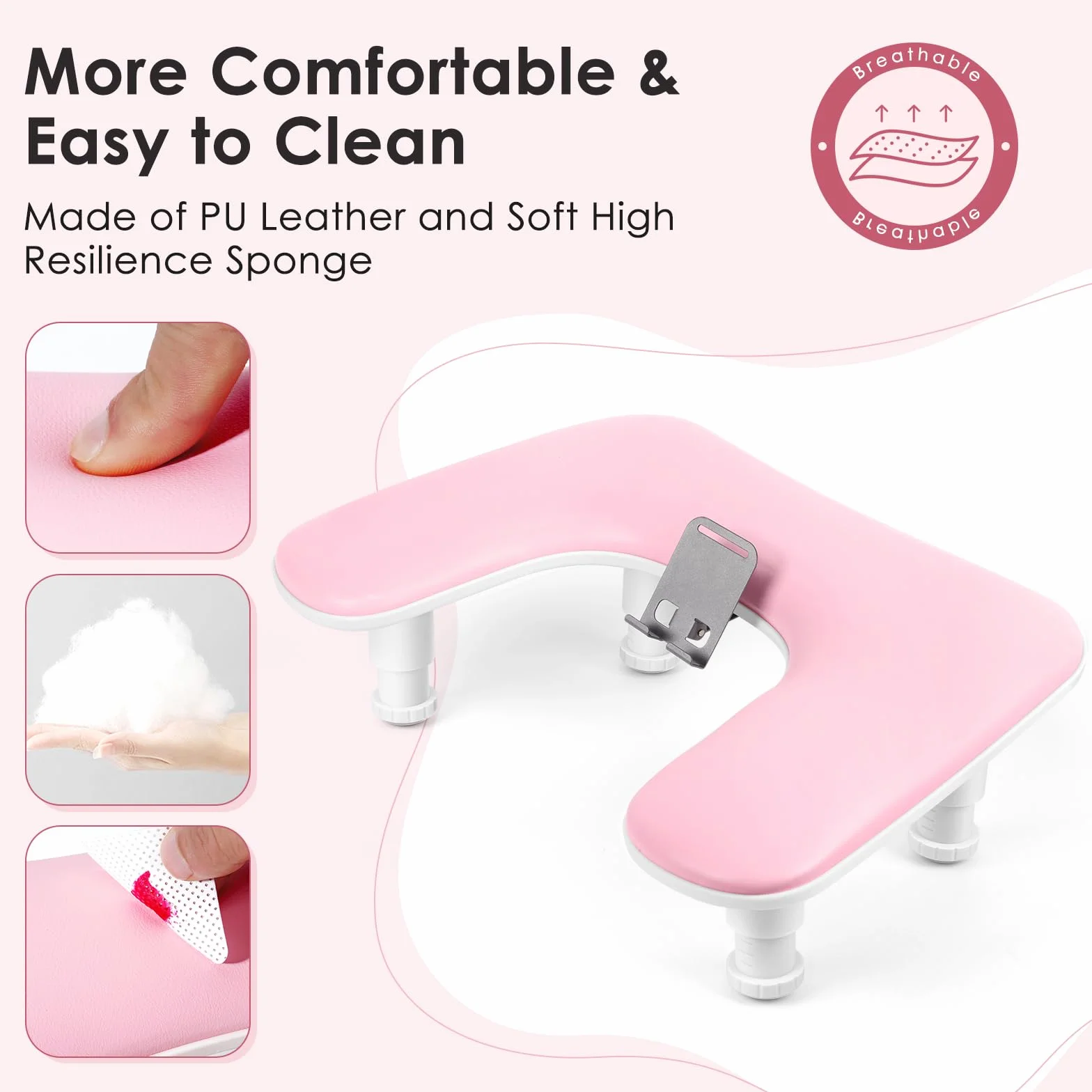 Reposabrazos para uñas para la mano: cojín de mano ajustable con altura y soporte para teléfono giratorio de 360° – Reposabrazos para uñas de cuero PU rosa para uso en salón de uñas y en casa