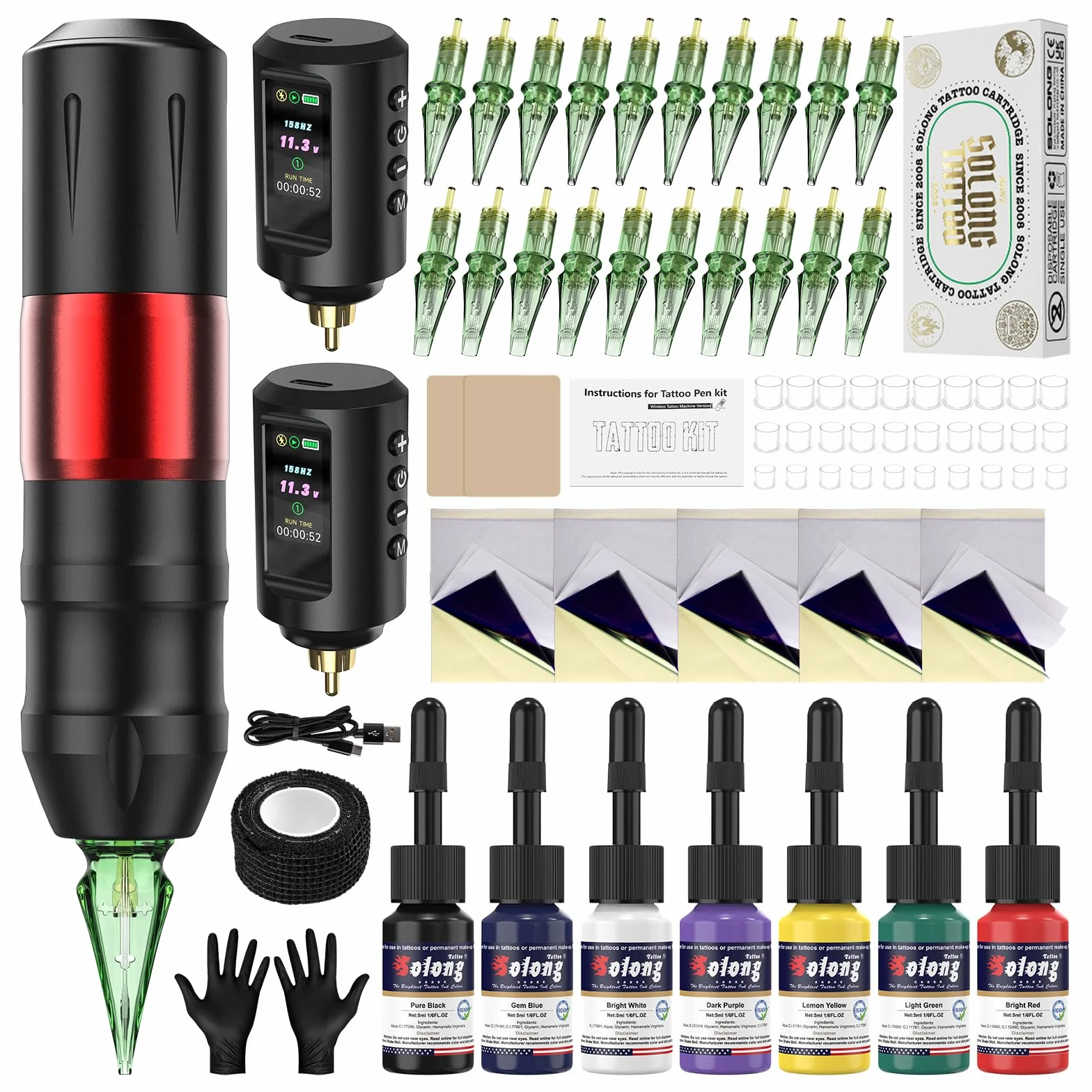 Kit de Máquina de Tatuar Solong 20 agujas para tatuajes, 7 botellas de tinta, 2 baterías de 1800 mAh, kit completo de tatuaje para principiantes y profesionales EF-TKP752AEU-2