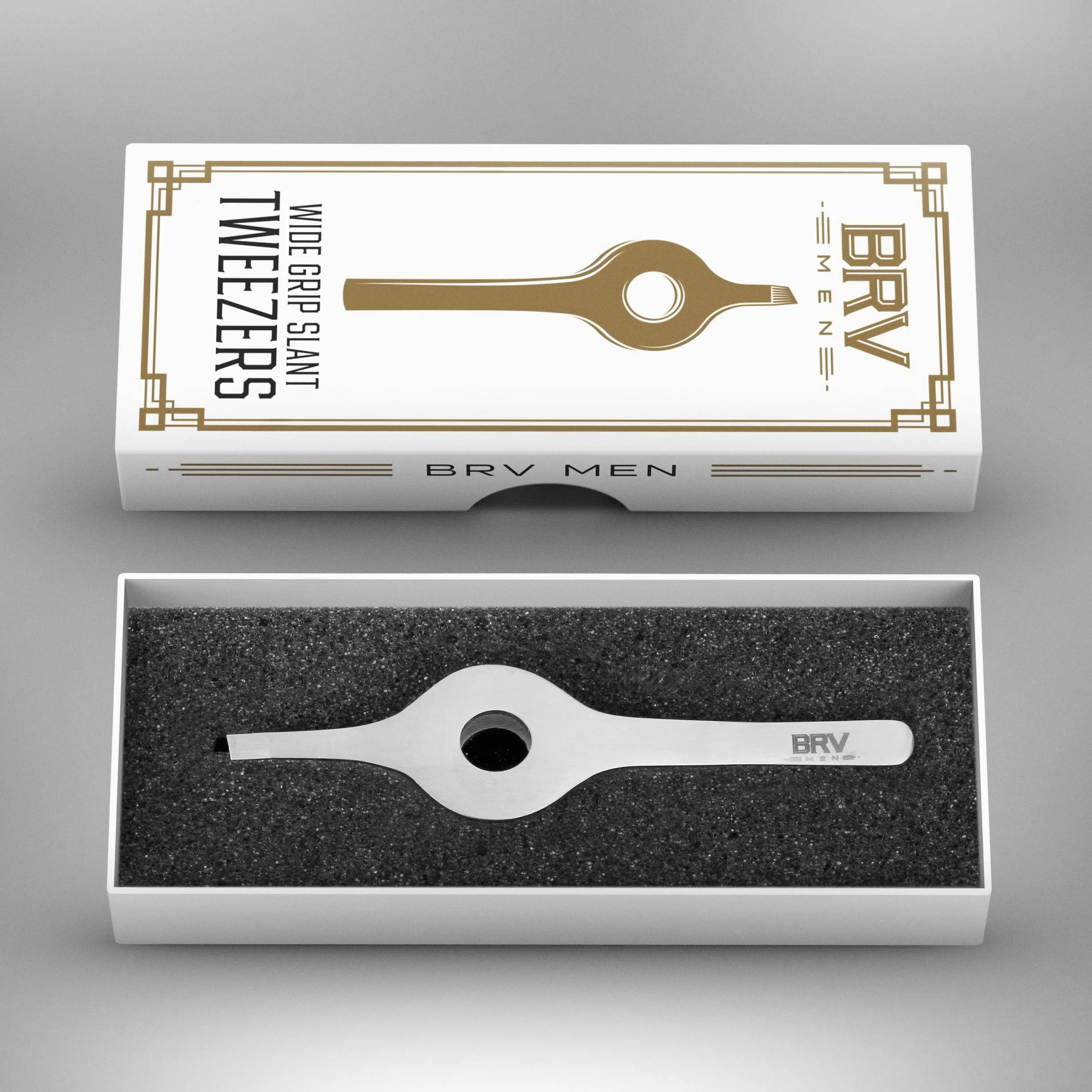 BRV MEN Pinzas Inclinadas De Agarre Ancho - Todas De Acero Inoxidable - Pinzas Para Cejas Y Nariz / Orejas / Vello Facial (Plateadas)