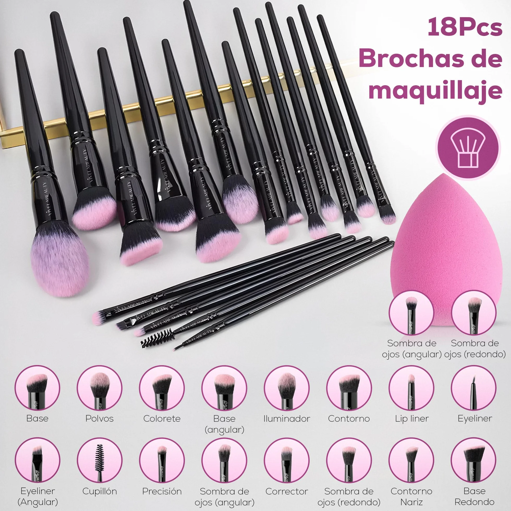 VIVELA 18 Brochas de Maquillaje Profesional con Esponja, Pinceles Negro Perla para Base Polvos Colorete