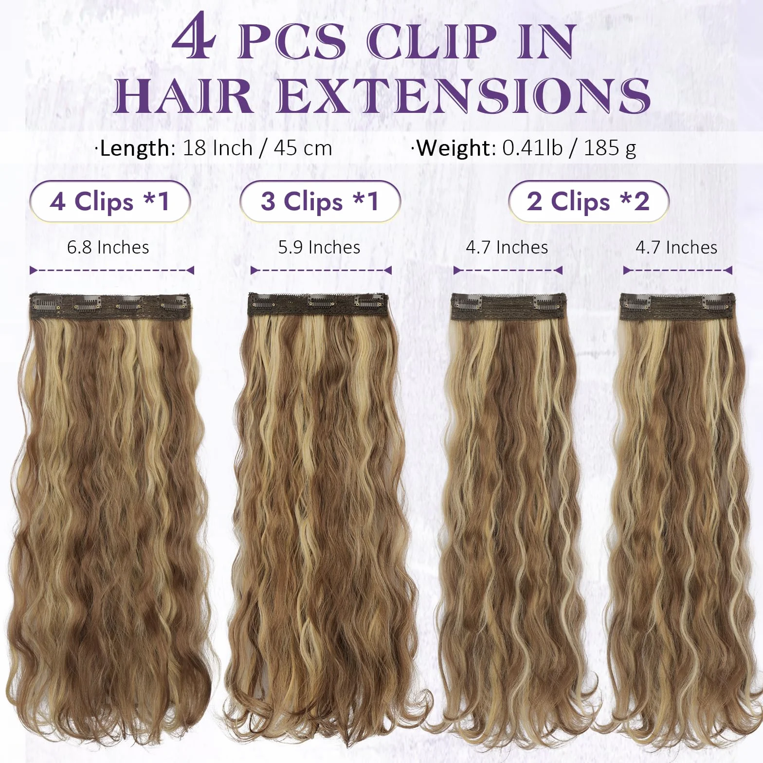 RUWISS Extensiones Pelo Natural Clip, 4 Piezas 45 cm Largo Extensiones de Clip de Pelo Natural Ondulado Rizado Sintética Extensiones de Cabello para Mujer (Marrón Claro y Rubio mezclado)