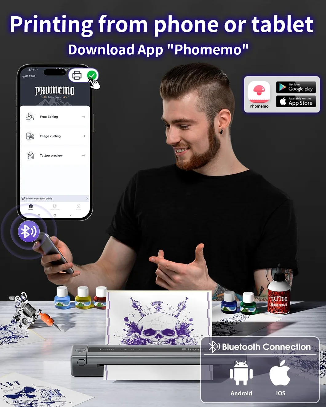 Phomemo TP88 - Impresora de plantillas de transferencia de tatuajes, impresora térmica de tatuajes con 10 piezas de papel de transferencia, máquina de tatuaje Bluetooth para artistas del tatuaje,