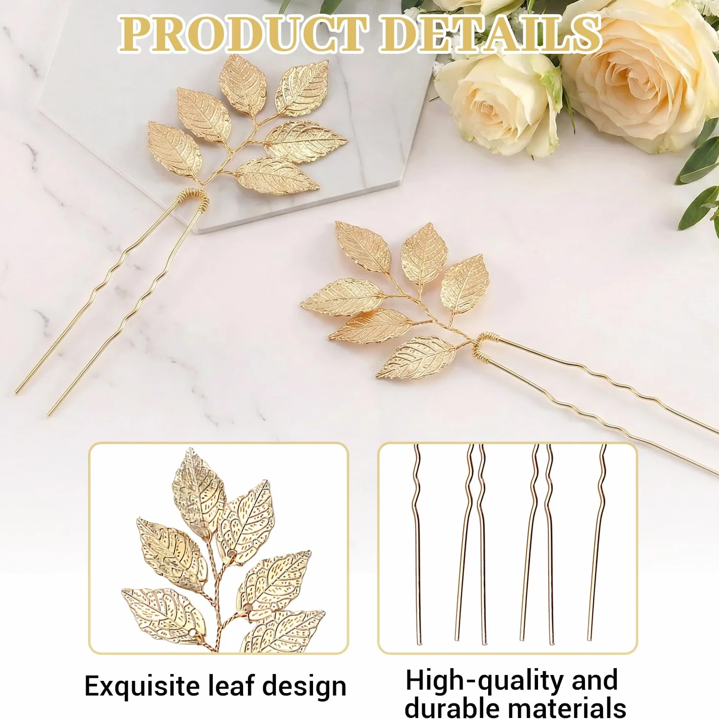 Horquillas doradas con diseño de hojas, accesorios para el cabello de boda, pasadores en forma de U para novias