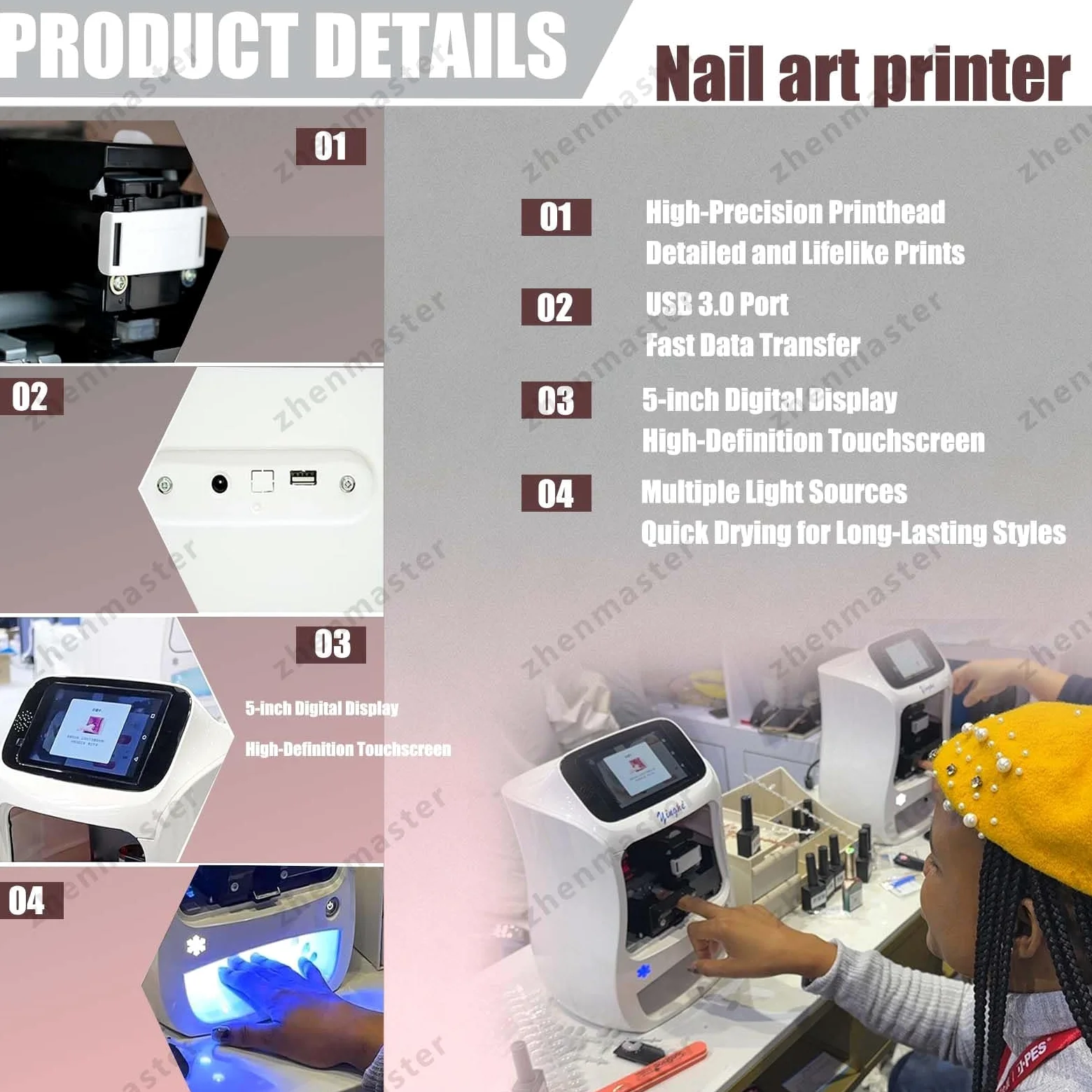 Impresora De Arte De Uñas 3D Con Pantalla 5” Y Resolución 2400DPI, Máquina Nail Art Con Lámpara U-V LED Integrada, Compatible Con App, Para Manicura En Casa Y Salón(Machine)