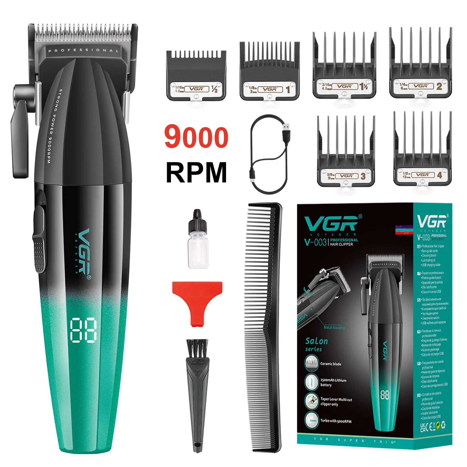 VGR 003 Cortapelos Profesional Inalámbrico, Máquina de Cortar Pelo Hombre, Cuerpo Metálico, Motor 9000 RPM, Cuchillas Cerámicas, LED, USB, Verde