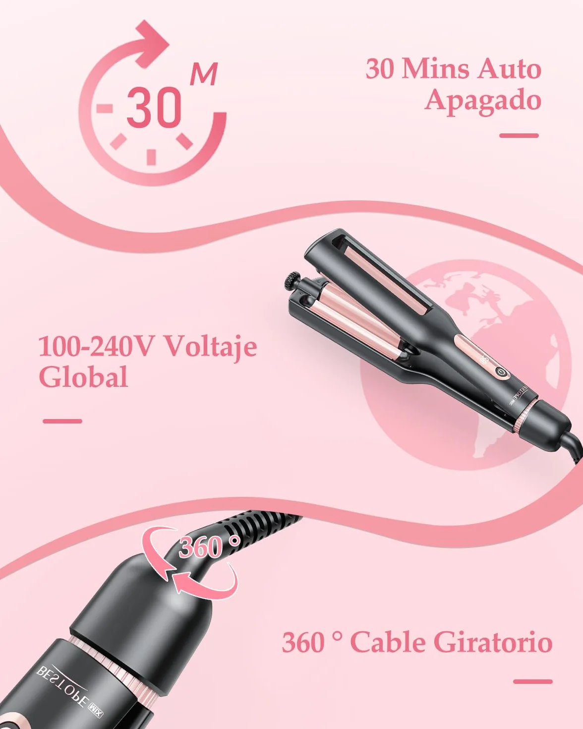 4 In 1 Ajustable Rizador Pelo Ondas - 22/25/32/38mm Plancha Pelo Ondas 3 Barriles Ondulador de Pelo Iónico, Anti-escaldamiento, Pantalla Digital, 4 Temperatura(140°C-210°C), Oro Rosa