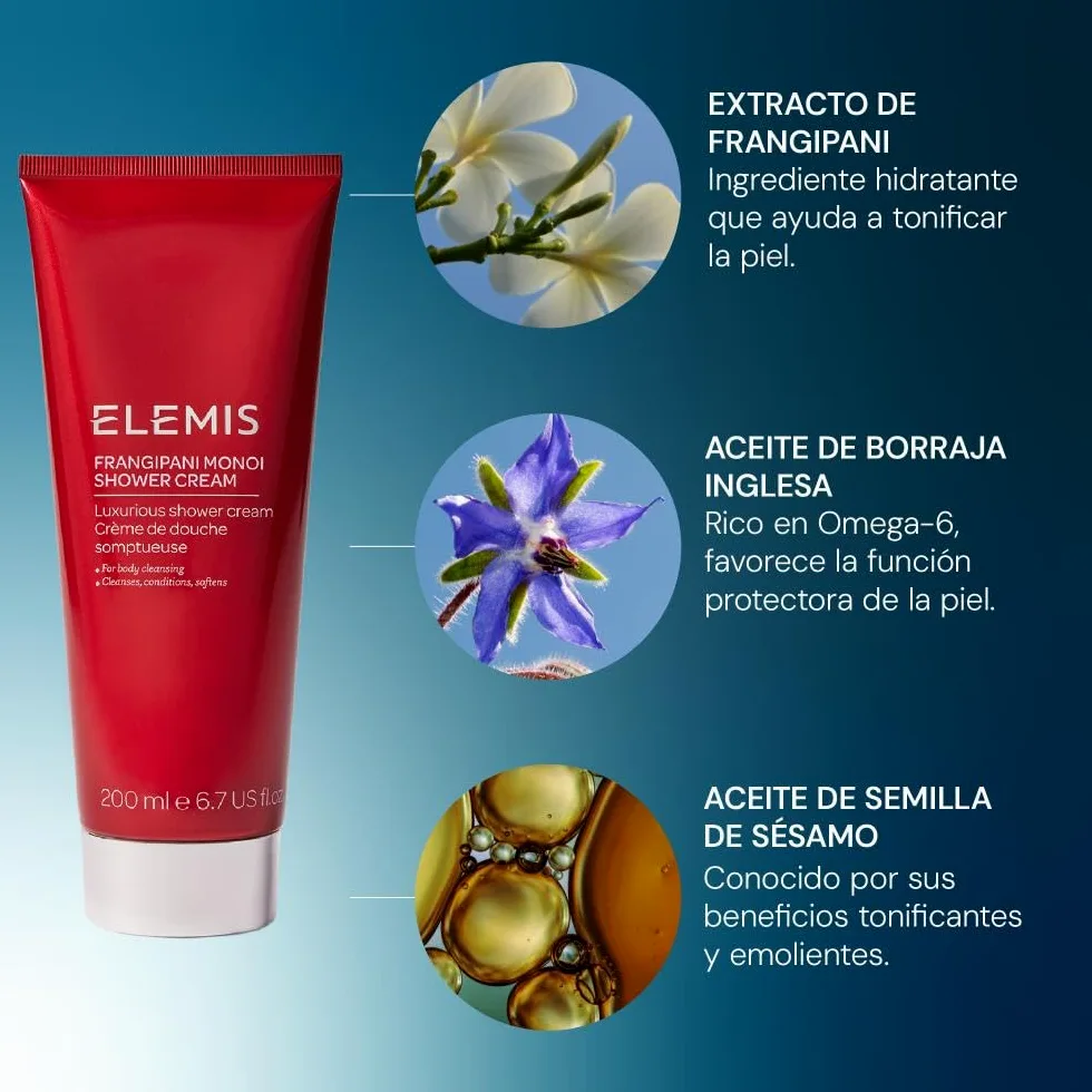 Elemis Body Care - Crema corporal Frangipani Monoi, crema de ducha y gel de baño refrescante, cuidado de la piel con aroma exótico para uso diario