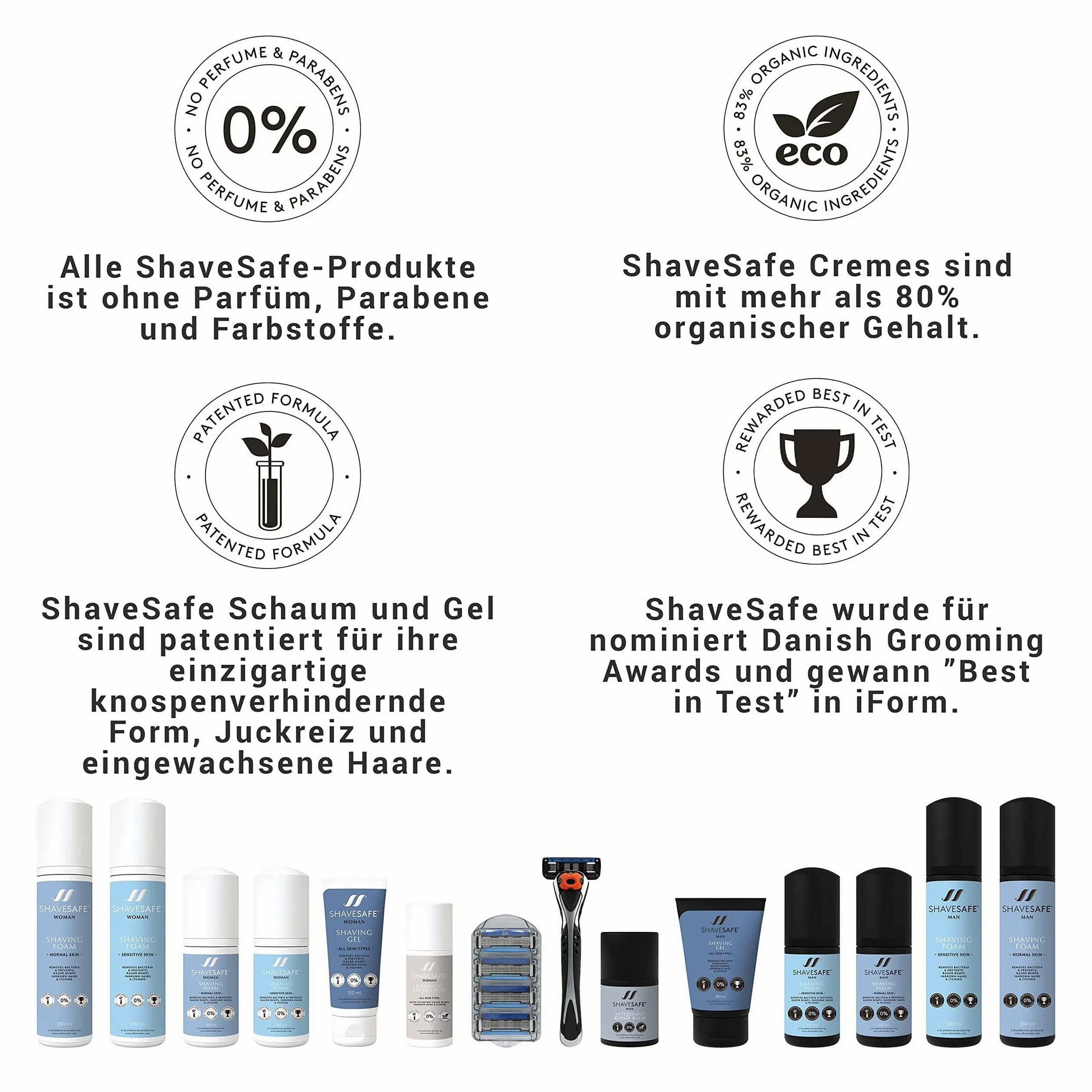 ShaveSafe – Pack de 3 – 100 ml – Afeitado suave y eficaz para pieles sensibles – Previene quemaduras de afeitado, enrojecimiento y vellos encarnados – Fórmula hipoalergénica y dermatológicamente