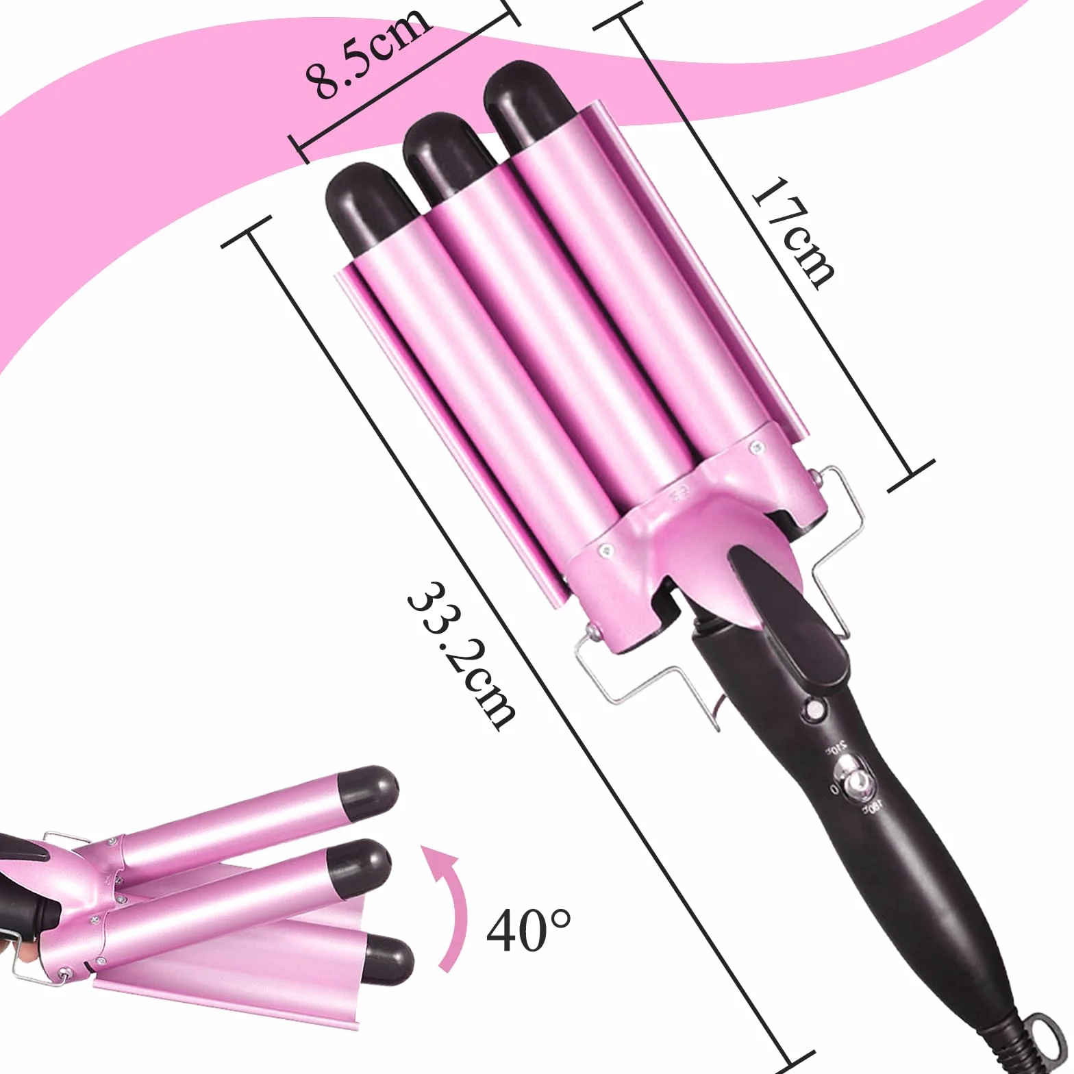Rizador de Pelo 3 Tubos 22mm Ajustable 180℃/210℃ Turmalina Cerámica con 2 Clips Guante Rosa