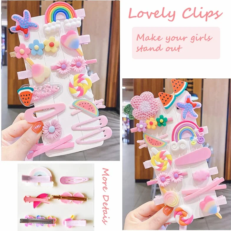 Pinzas para el Cabello Moda Niñas 28 Piezas Accesorios Flor Fruta Colorido Arco Iris Animal Clips de Metal (Rosa)