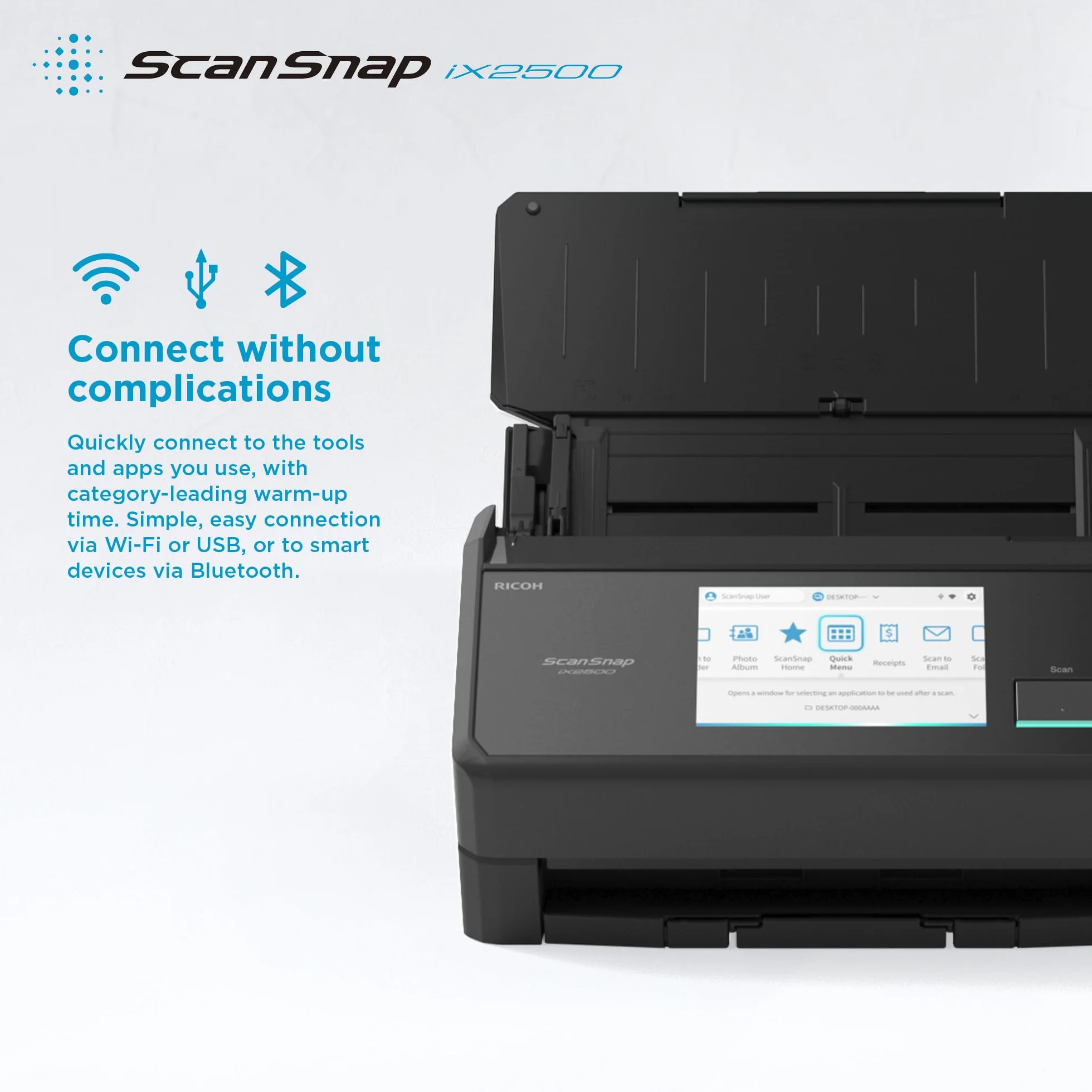 ScanSnap iX2500 Escáner dúplex 45 ppm 90 ipm ADF 100 Hojas 600 dpi Pantalla táctil 5 Pulgadas Wi-Fi Bluetooth USB