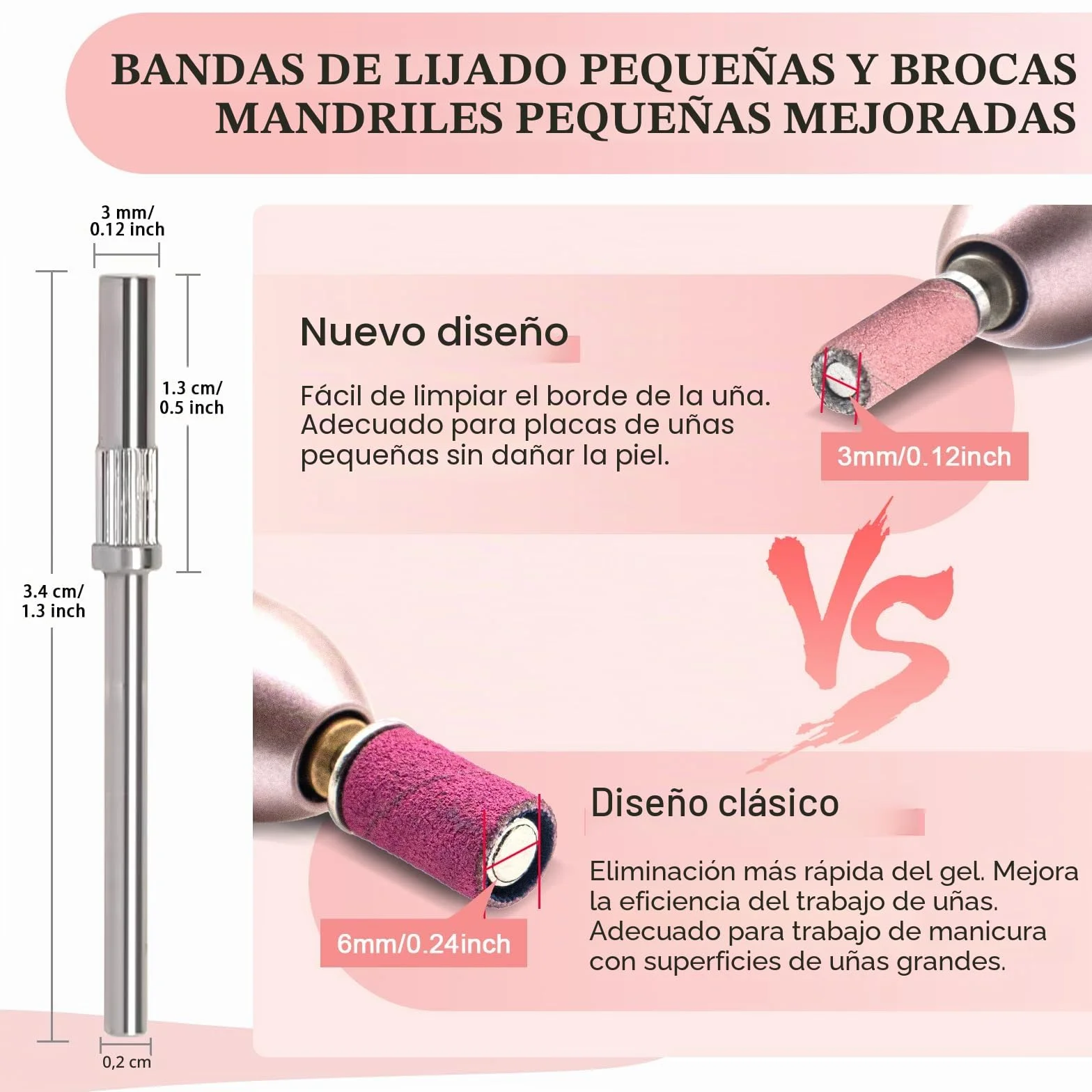 Mini bandas de lijado grano 180 para taladro de uñas 3/32 pulgadas 2 brocas mandriles mejorados