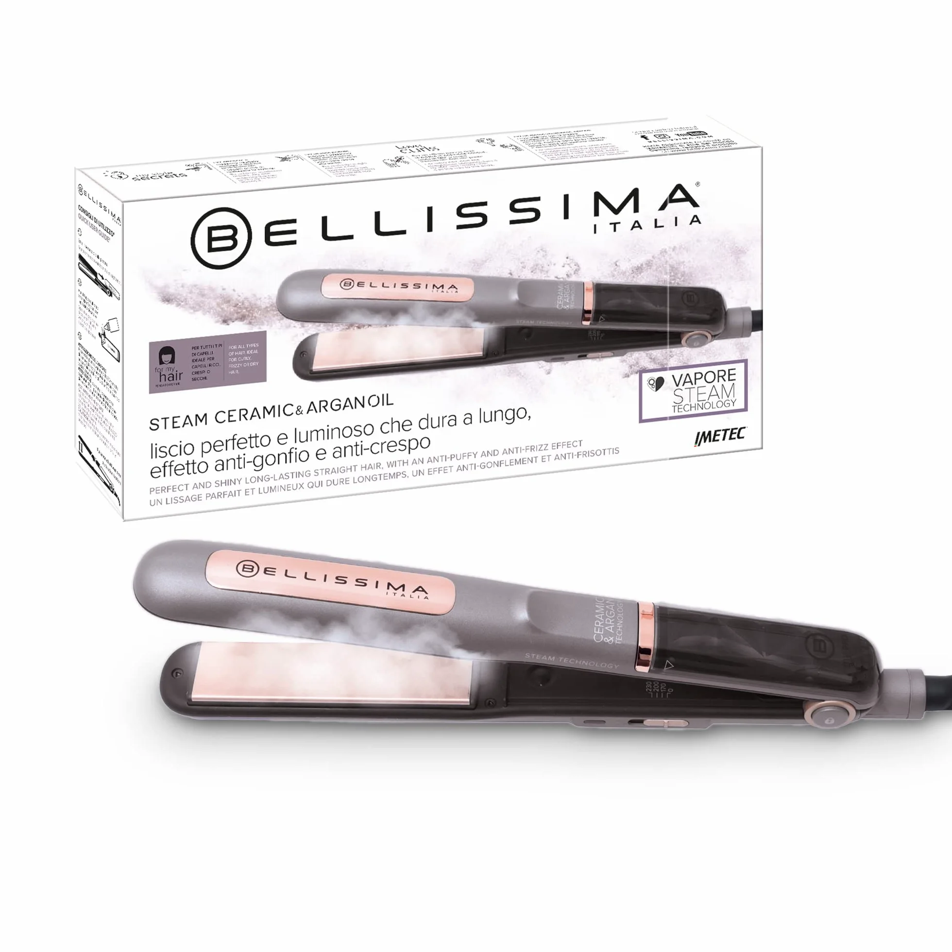 Bellissima Steam Ceramic & Argan Oil Plancha de Vapor, Revestimiento de Cerámica y Aceite de Argán, 3 Niveles, Calentamiento Rápido, Placas Básculantes, Apagado Automático