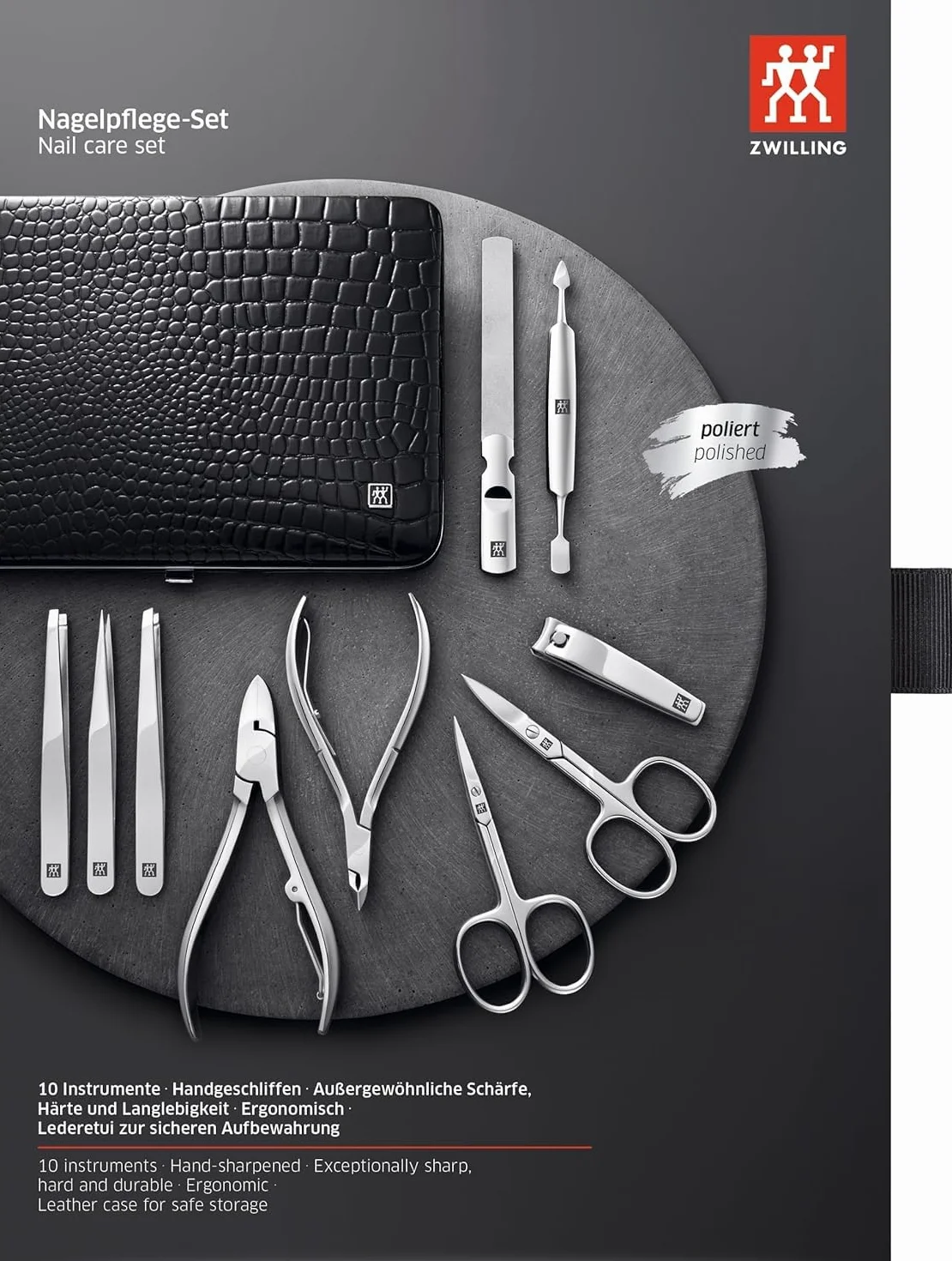 ZWILLING Set de manicura (10 piezas, set completo para uñas de manos y pies, estuche de piel auténtica con marco metálico), acero inoxidable pulido, edición cocodrilo, negro