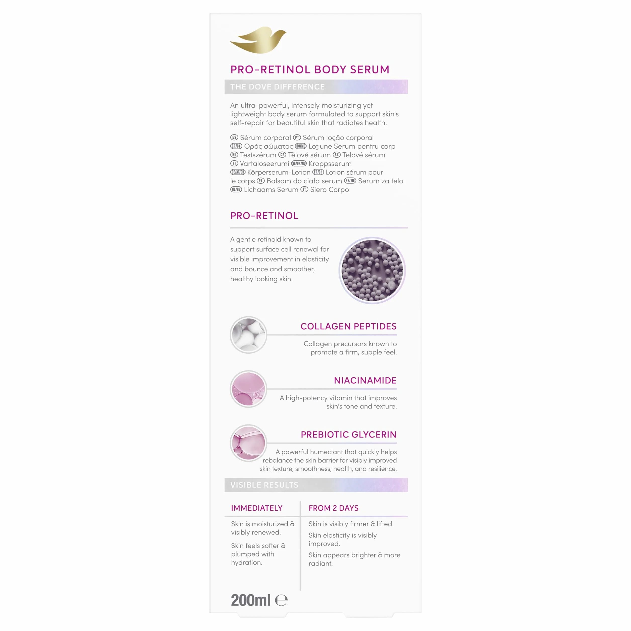 Dove Sérum Corporal Pro-Retinol+Reafirmante 200 ML con péptidos de colágeno, niacinamida y glicerina prebiótica