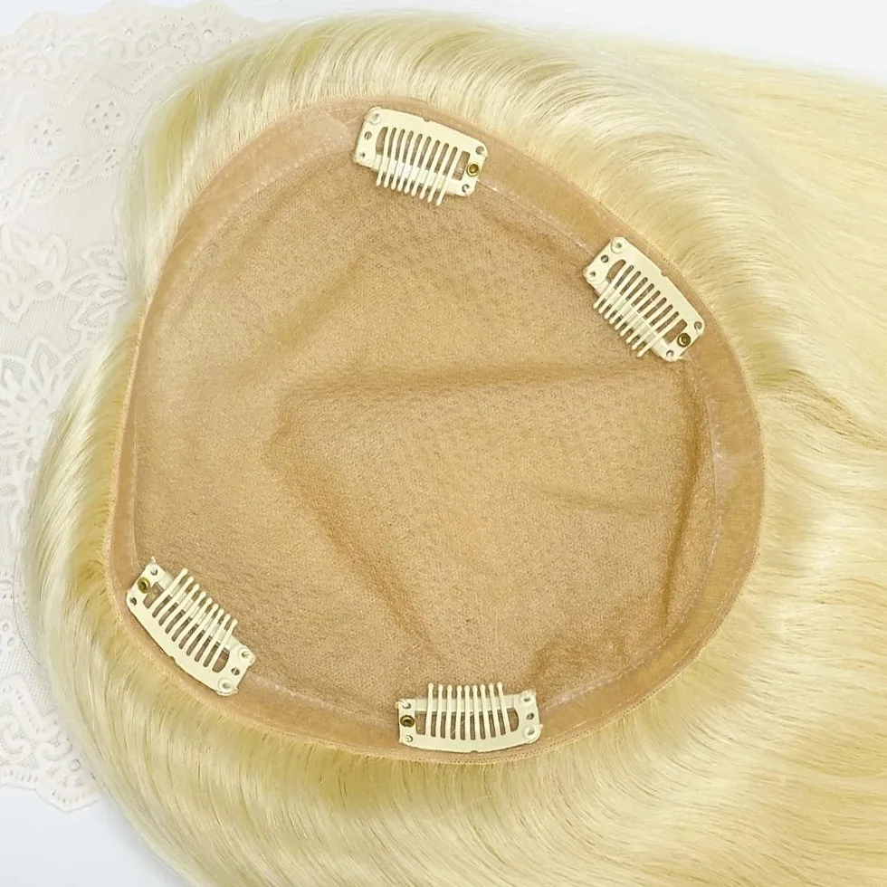 Extensiones de cabello con clip for mujer, cabello humano natural fino, sin raya ni flequillo, liso sedoso, color rubio 613#. para mujeres encantadoras(14 inch,13x15cm)