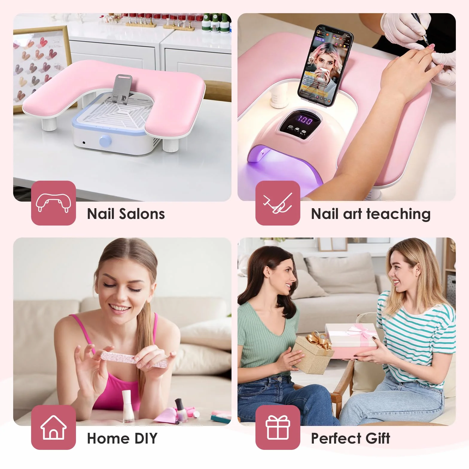 Reposabrazos para uñas para la mano: cojín de mano ajustable con altura y soporte para teléfono giratorio de 360° – Reposabrazos para uñas de cuero PU rosa para uso en salón de uñas y en casa