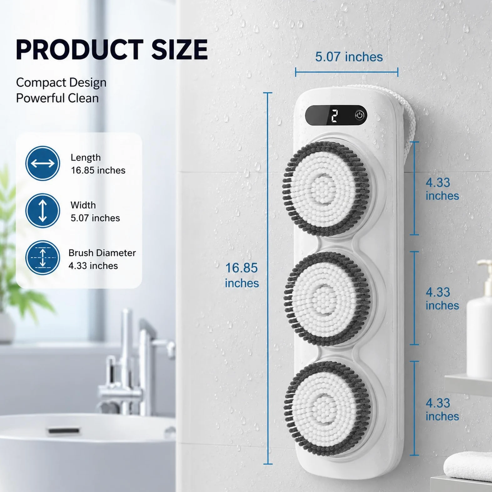 Cepillo Eléctrico Corporal con 3 Cabezales Motorizados, Cepillo para la Espalda de Ducha de Pared, Cerdas Suaves Exfoliantes, Diseño Manos Libres, 2 Velocidades, Altura Ajustable