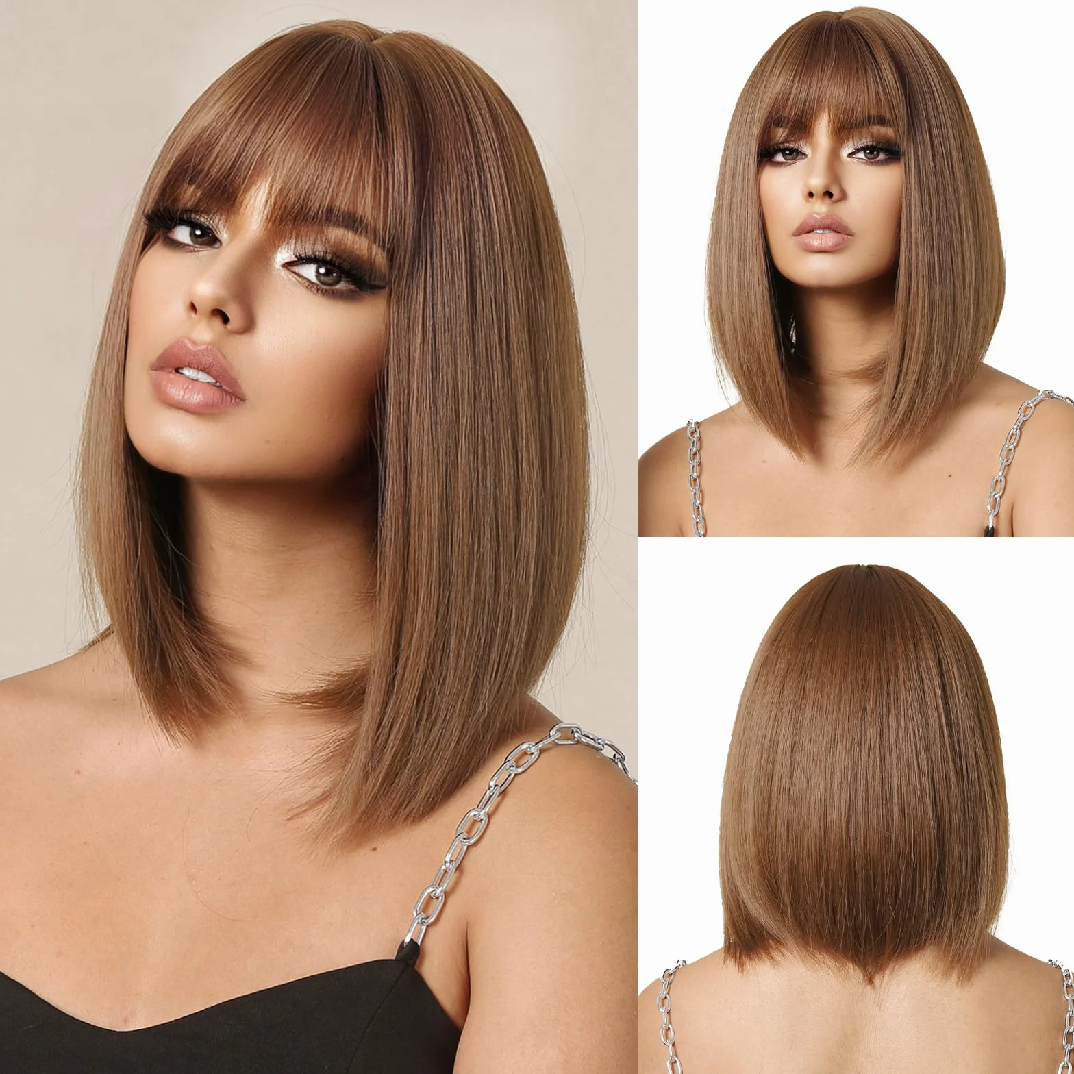 Peluca Bob Marrón con Flequillo Recta Corta para Mujer Pelo Sintético Cosplay