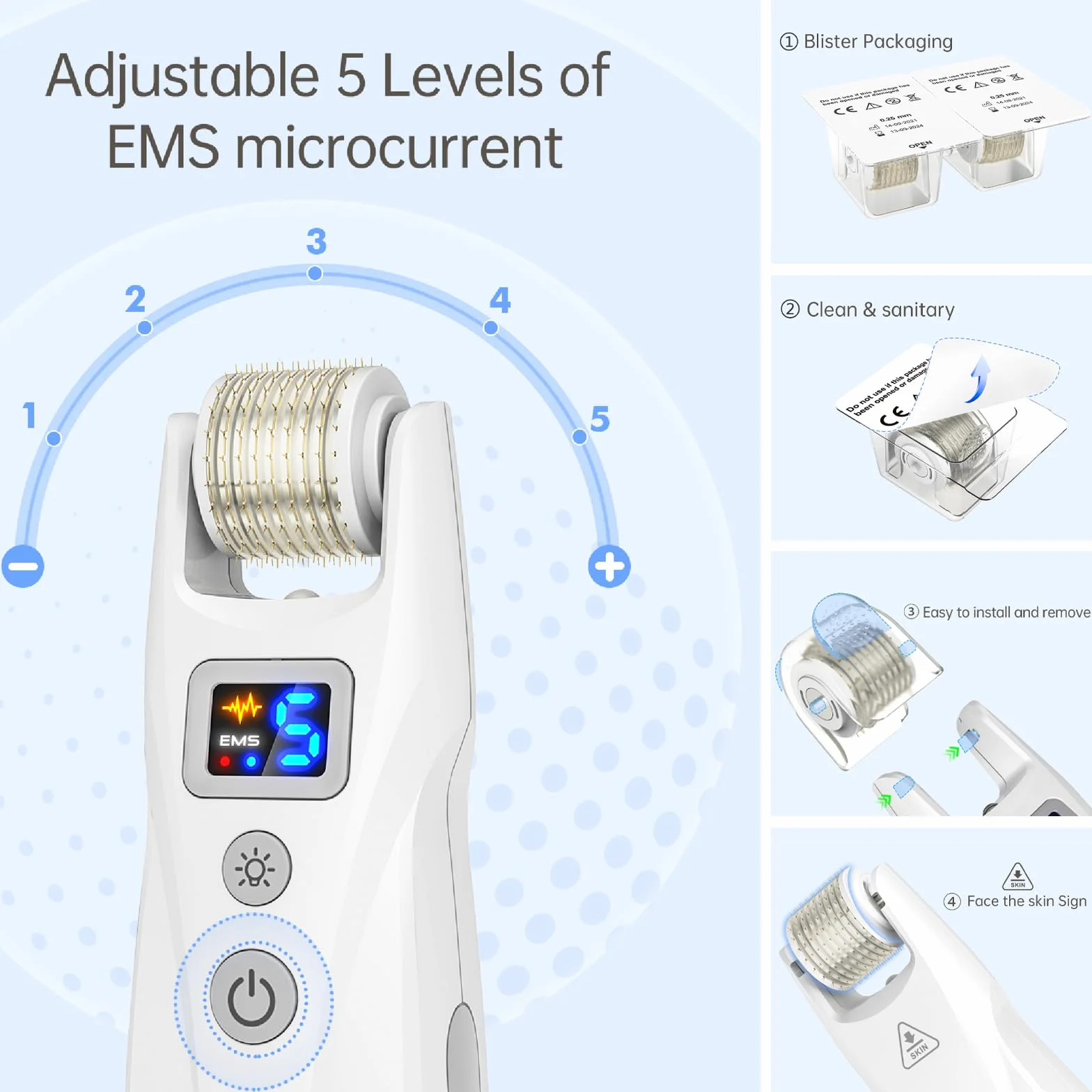 G5 Microneedling Roller Pen Eléctrico Kit 5 Niveles EMS LED Roja Azul Rostro Cuerpo Cabello Barba 2 Cartuchos