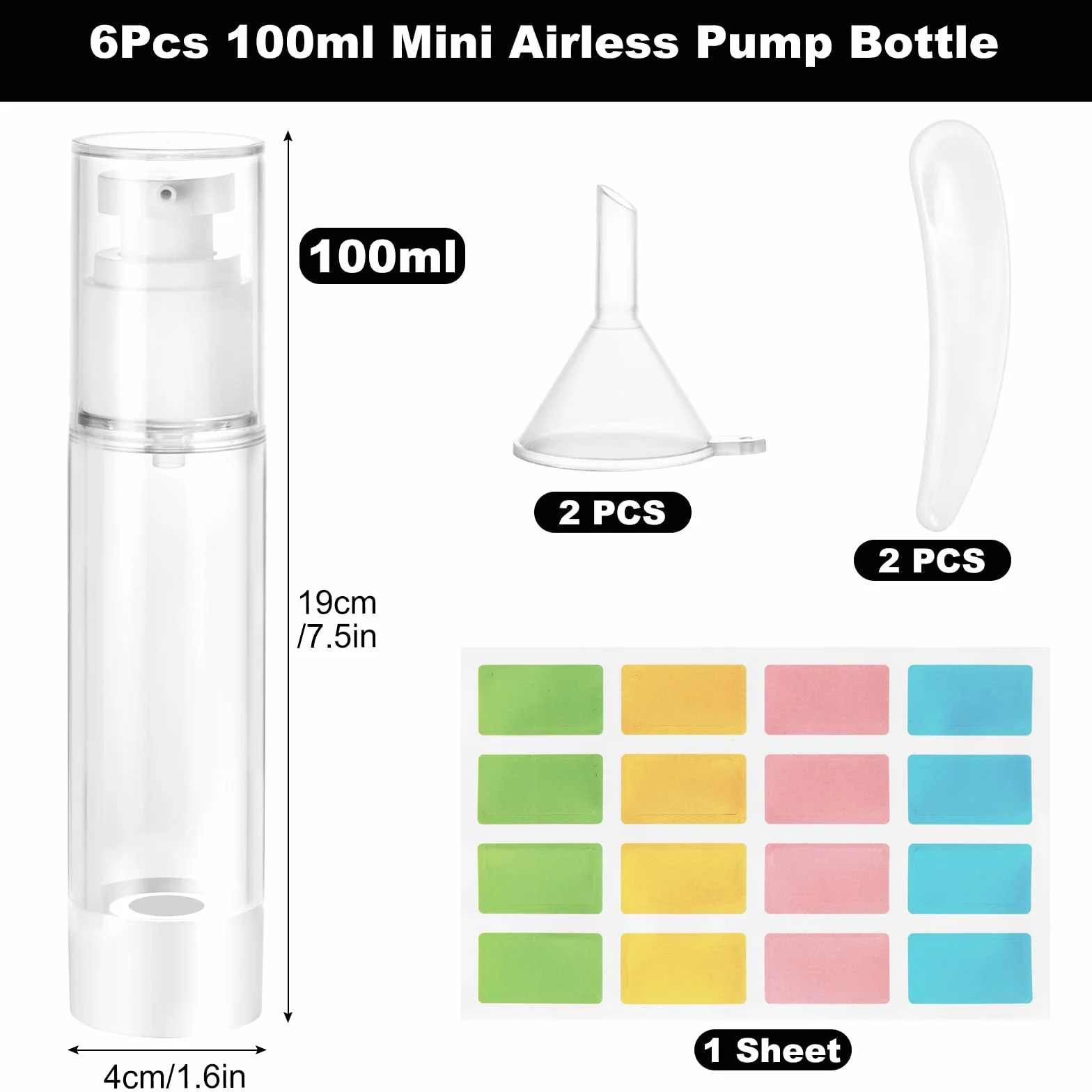 Botellas de Loción al Vacío 100ml, 6 Piezas, Bote Airless con Bomba, Reutilizable, Incluye Espátula y Embudo