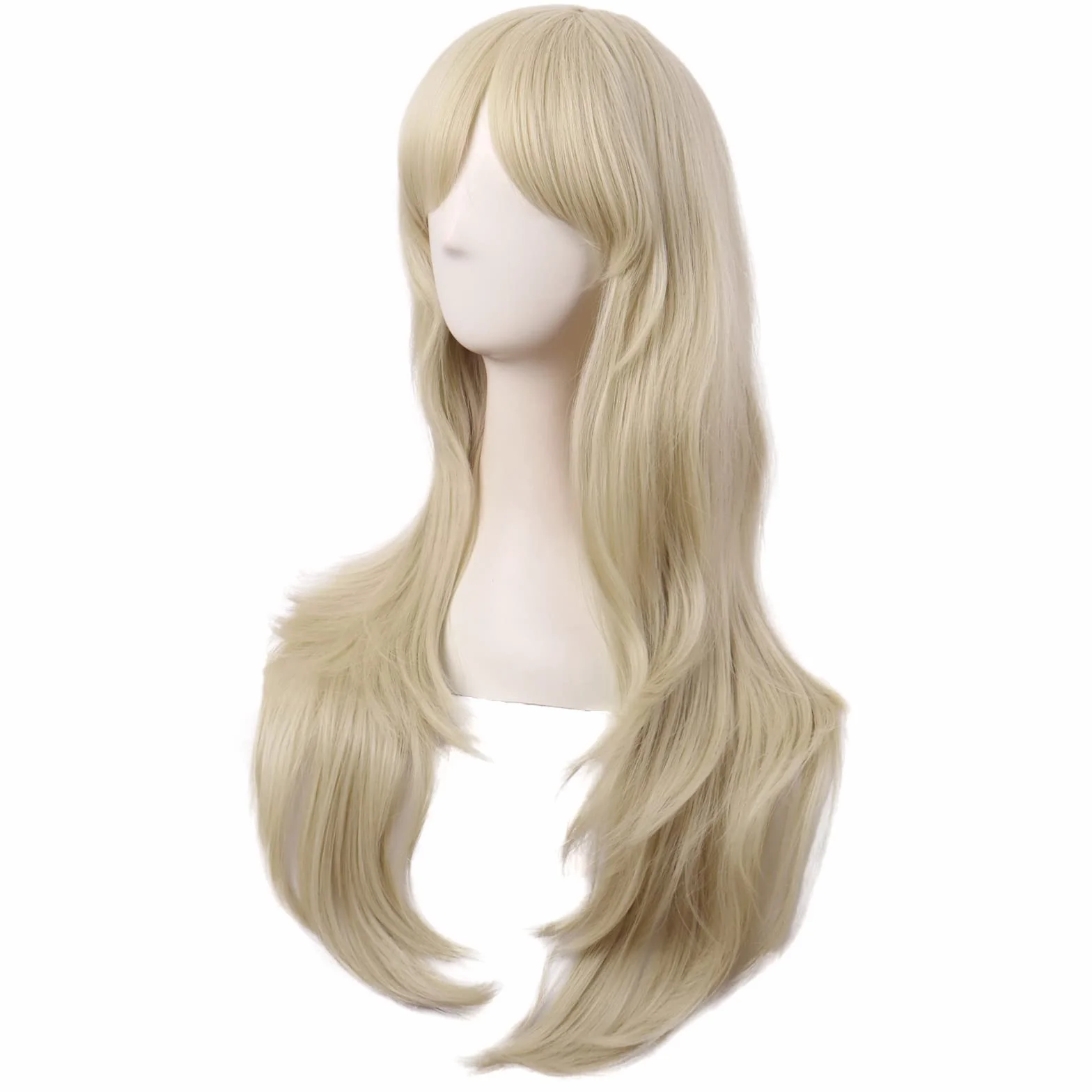MapofBeauty 70 cm Monochrome Side Flequillo Natural Rizo Largo Cosplay Peluca Dorado