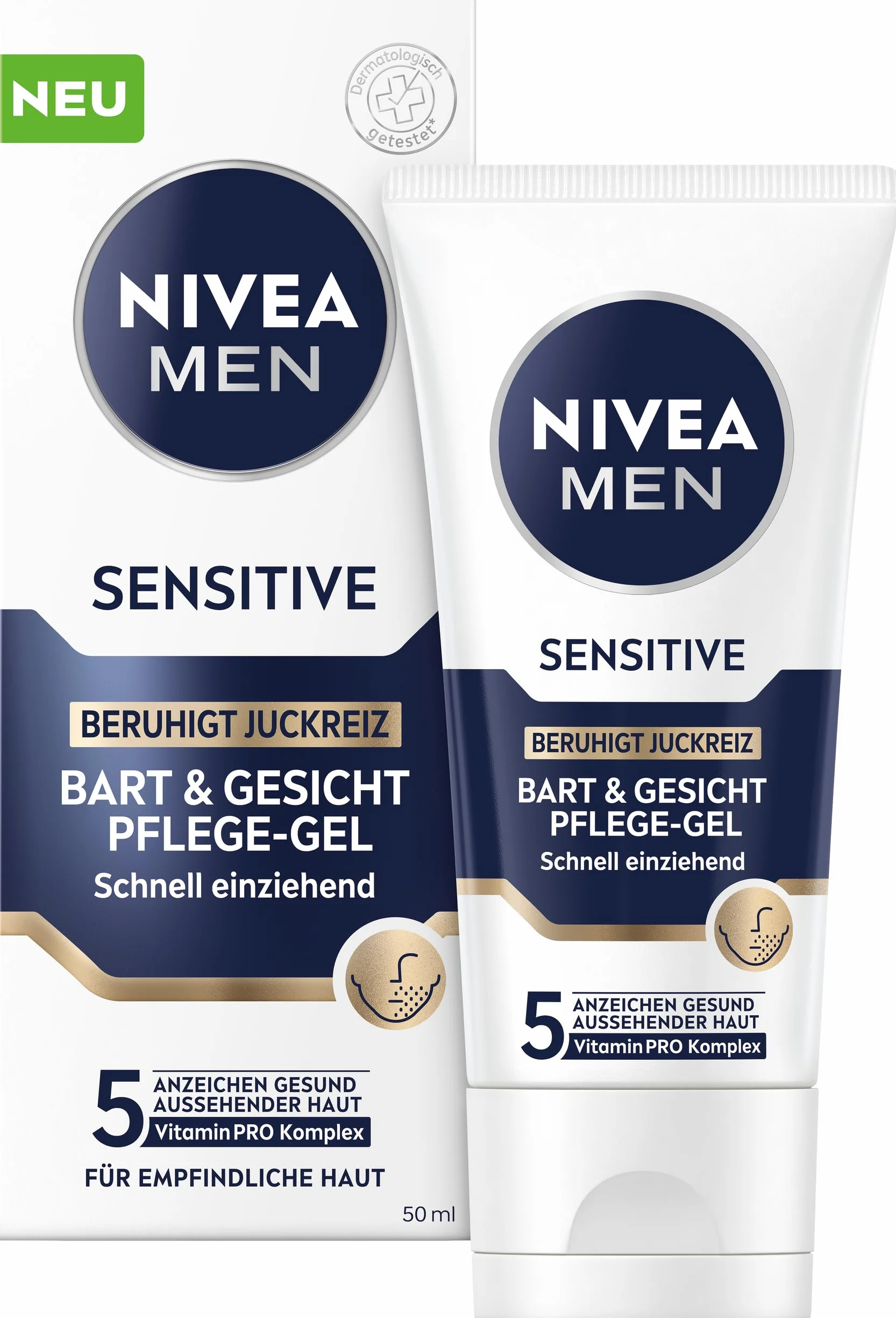 NIVEA MEN Sensitive Gel de cuidado facial y barba absorción rápida para piel sensible hombres 50 ml