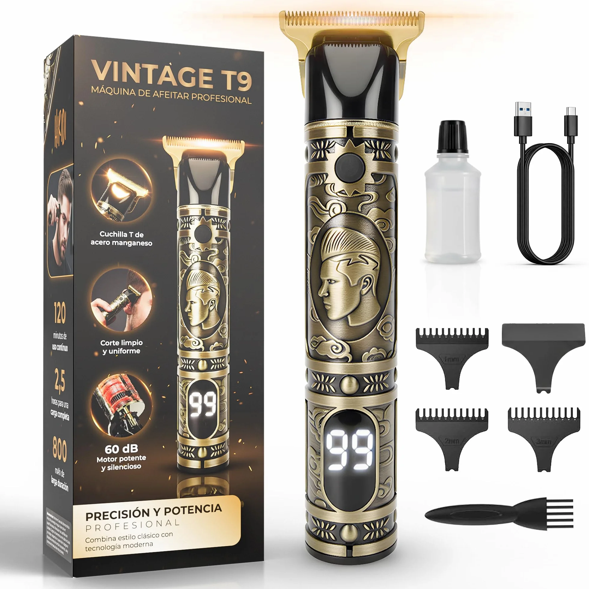 Maquina de Afeitar Electrica Hombre Inalambrica Cortapelos Recortadora Barba 3 Peines