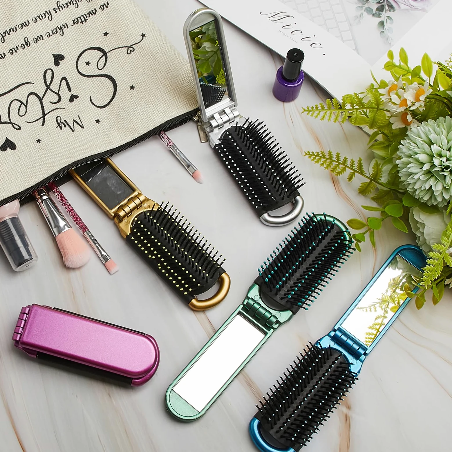 Uiifan 50 cepillos de viaje compactos portátiles plegables con espejo tamaño de bolsillo mini cepillo de pelo para hombres y mujeres, herramientas de peinado para el cabello, bolso, coche, gimnasio,