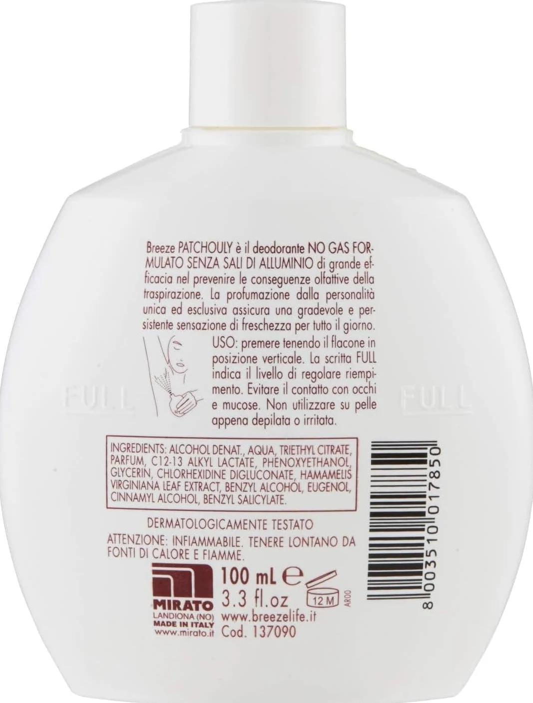 Breeze Patchouly - Desodorante Squeeze (12 unidades, sin gas y sin sales de aluminio, desodorante perfumado de 48 horas, 100 ml, incluye llavero Beni Culinari gratuito)