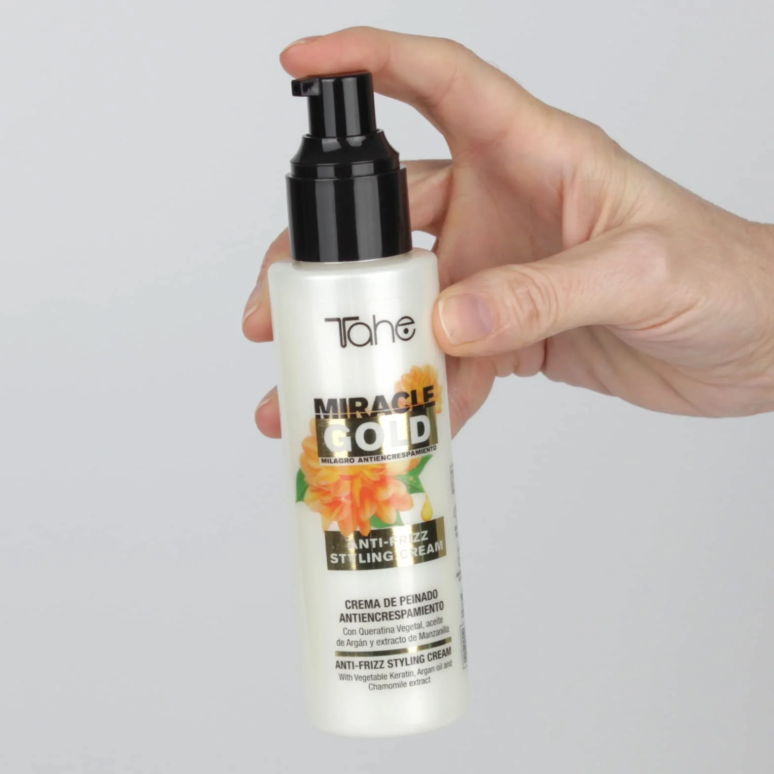 Tahe Miracle Gold Crema de peinado antiencrespamiento con Queratina, Argán y Manzanilla 100 ml