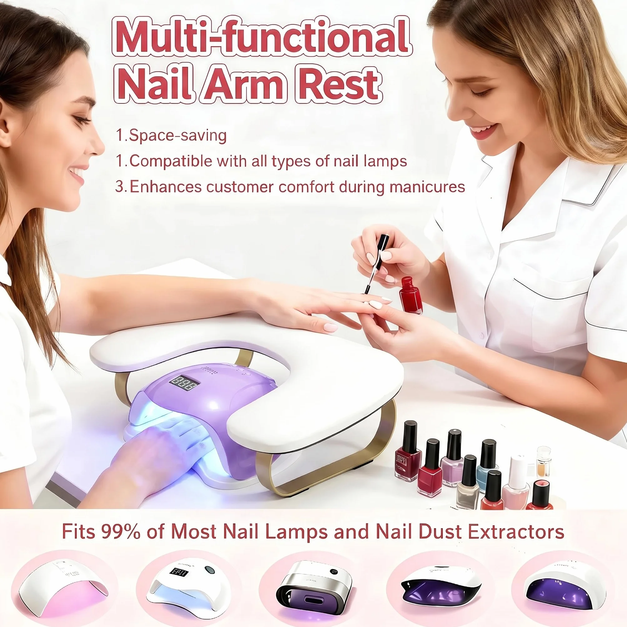 Reposabrazos para uñas en forma de U: reposabrazos para uñas con reposapiés curvado dorado, ángulo de inclinación de 45° para manicurista/salones de uñas