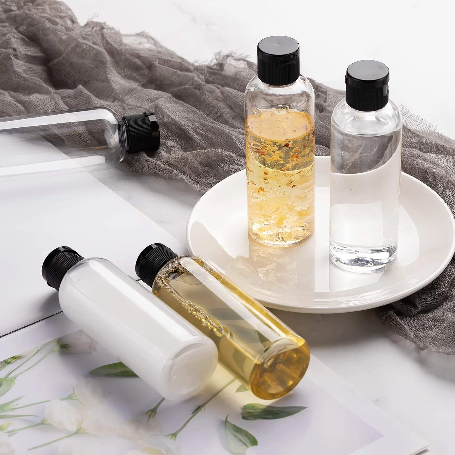 Toureal 100ML Botella de Viaje Flip-Cap 5 Piezas Contenedor Vacío para Cosméticos con Embudo Transparente