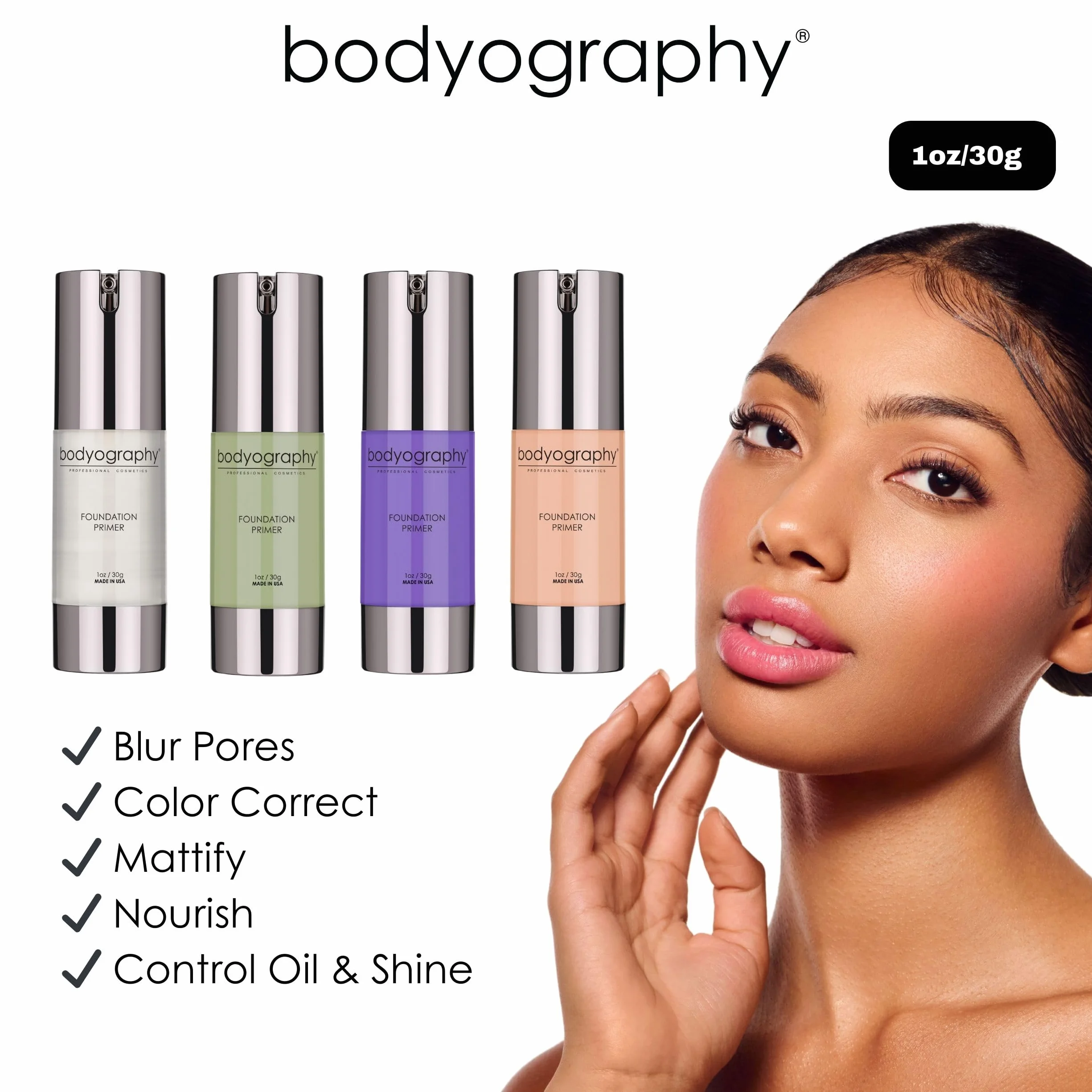 Bodyography Foundation Primer (Clear): Primer de maquillaje de salón antienvejecimiento con vitamina E, A, jojoba, aceite de semilla de uva, 1 oz