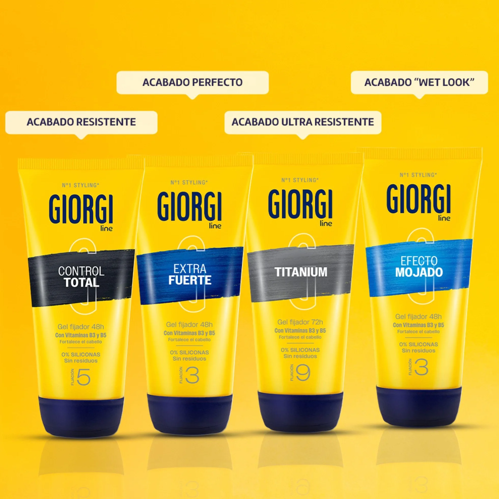 Giorgi Line Gomina Extra Fuerte XXL con Vitaminas B3 y B5 Fijación 3 Extrafuerte Duración 48h Sin Alcohol ni Siliconas Acabado Brillante 240 ml