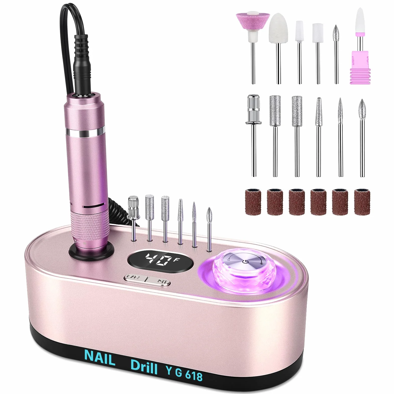Torno para Uñas,Torno para Uñas Profesional 40000 RPM con 12 Cabezales de Pulido, Pantalla LCD,Control de Botones Iluminados,Silencioso, Lima Electrica Uñas (Rosa)