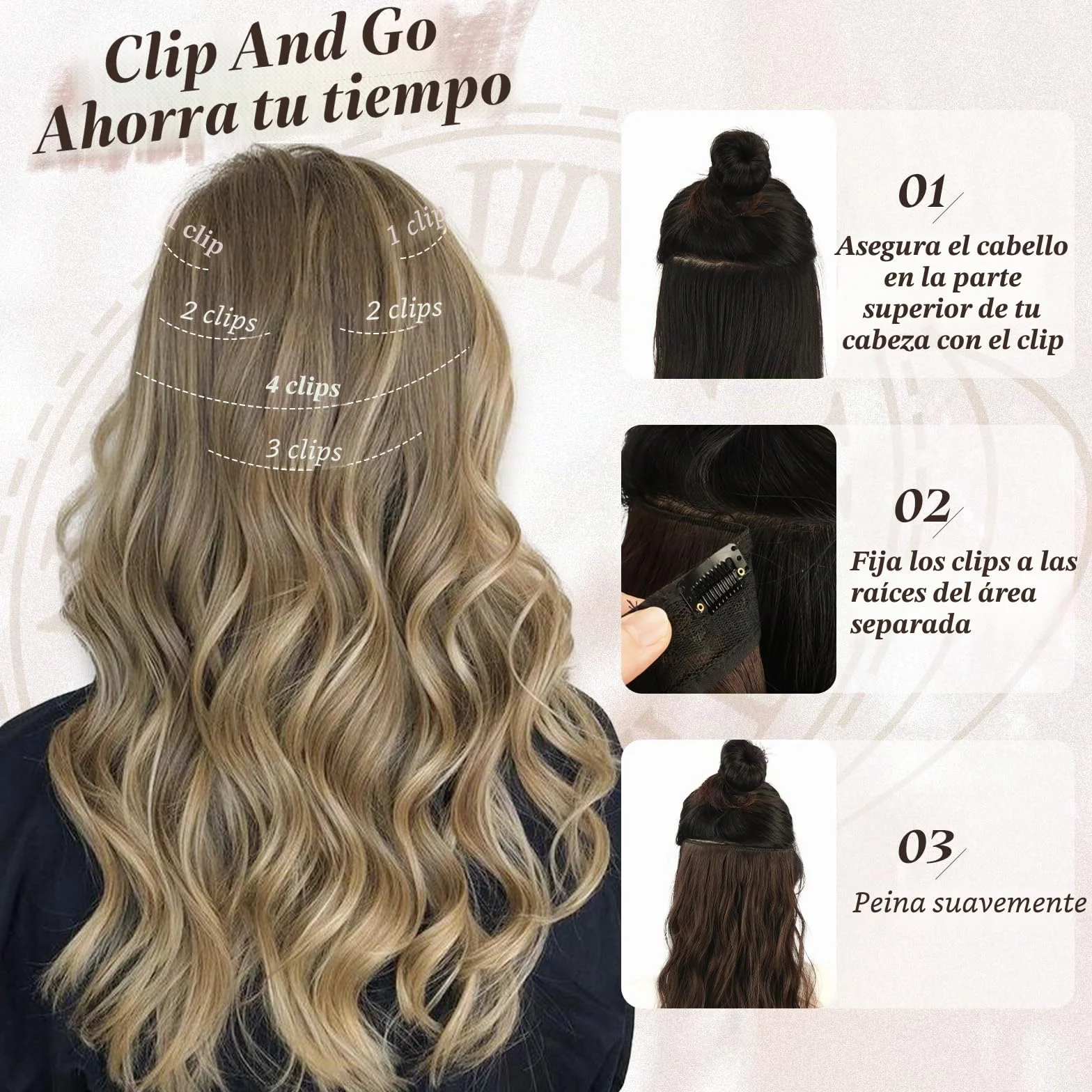 BARSDAR Clip en Extensiones de Cabello, 50cm Ondulado Highlight Extensión de Pelo Clip 6 Piezas Rizado Natural Sintética Mujer (Medio Marrón & Rubio)