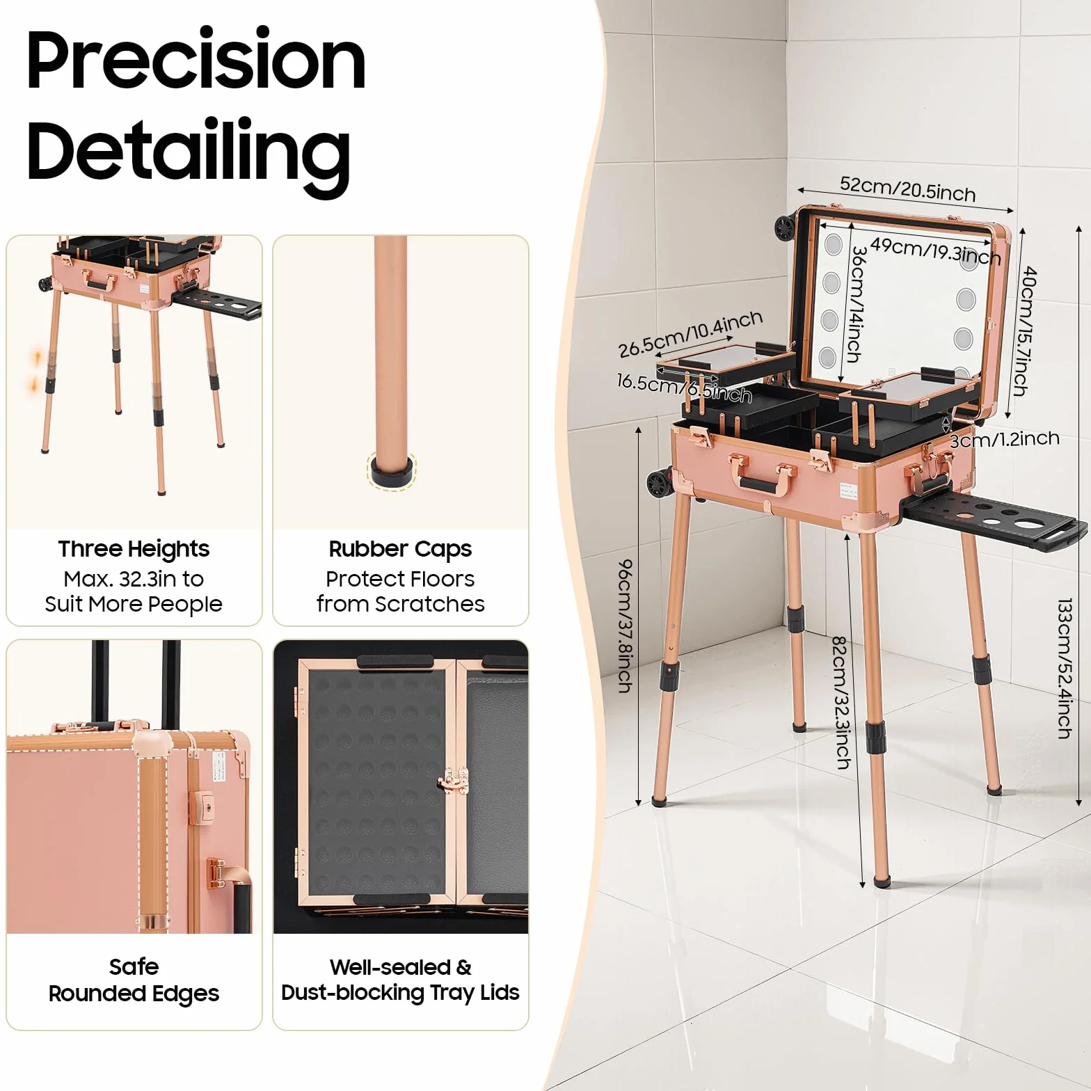 Maletín de Maquillaje Profesional con Luz LED y Espejo, Trolley de Maquillaje con Ruedas 360°, Patas Ajustables, Estación de Belleza Portátil para Maquilladores, Peluquería, Estética y Uñas